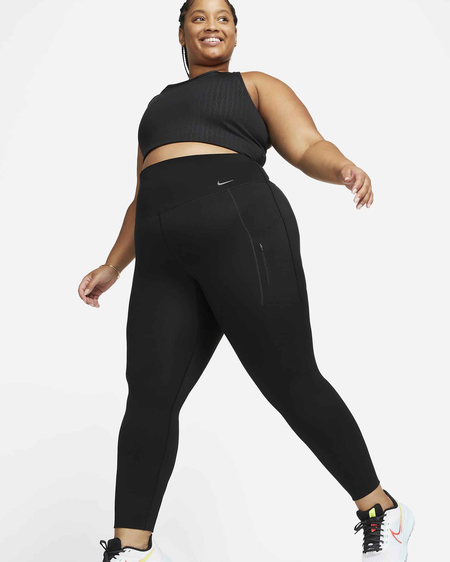 Nike Go Lange legging met hoge taille, zakken en goede ondersteuning voor dames (Plus Size) - Zwart/Zwart