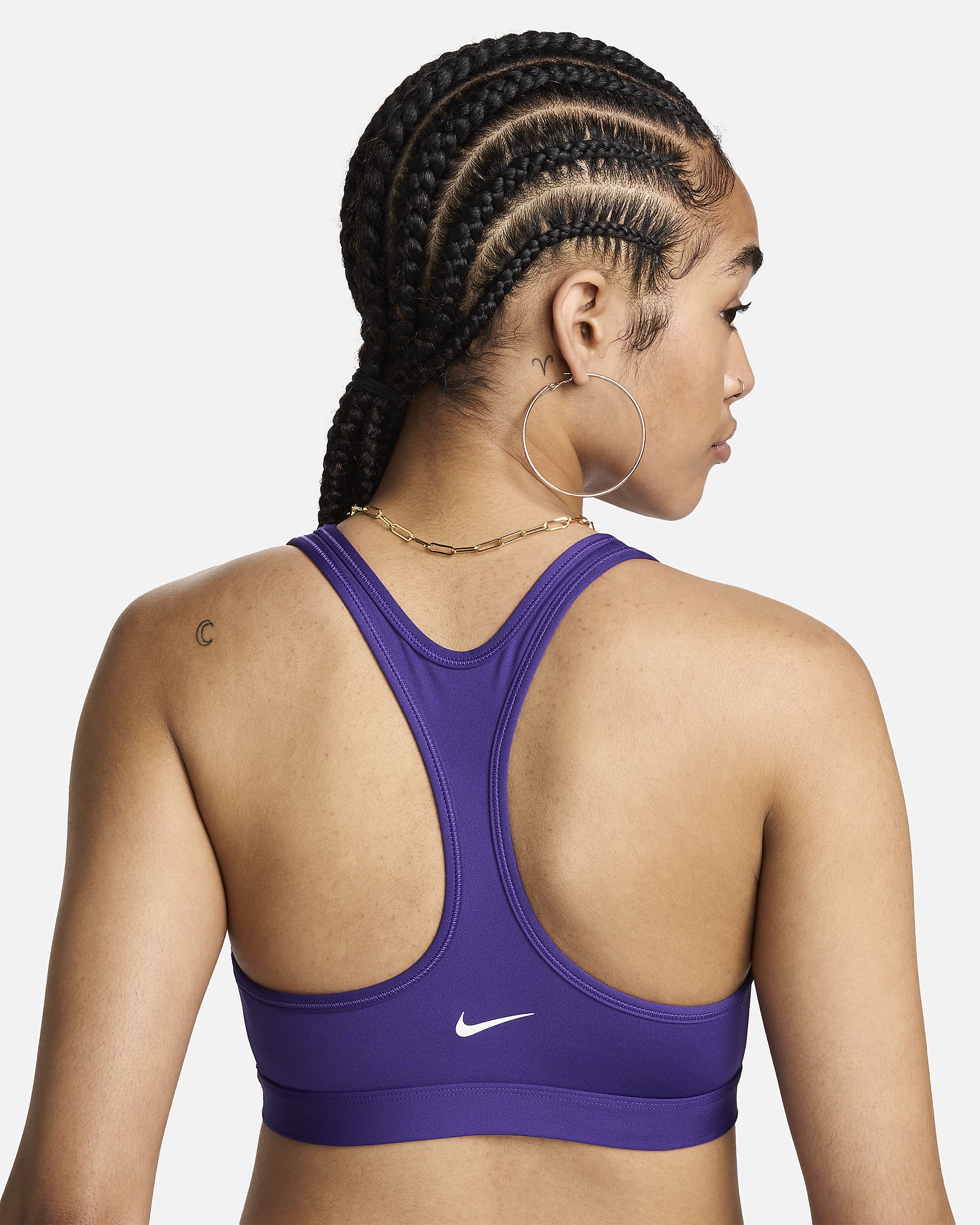 Bra deportivo sin almohadilla con gráfico para mujer Nike Pro Swoosh Light Support - Morado cancha/Blanco