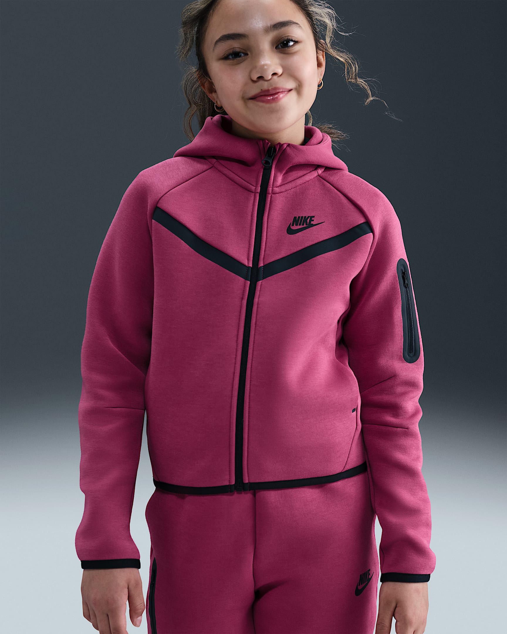Nike Sportswear Tech Fleece Girls' Full-Zip Hoodie - Sweet Beet/Black/Black