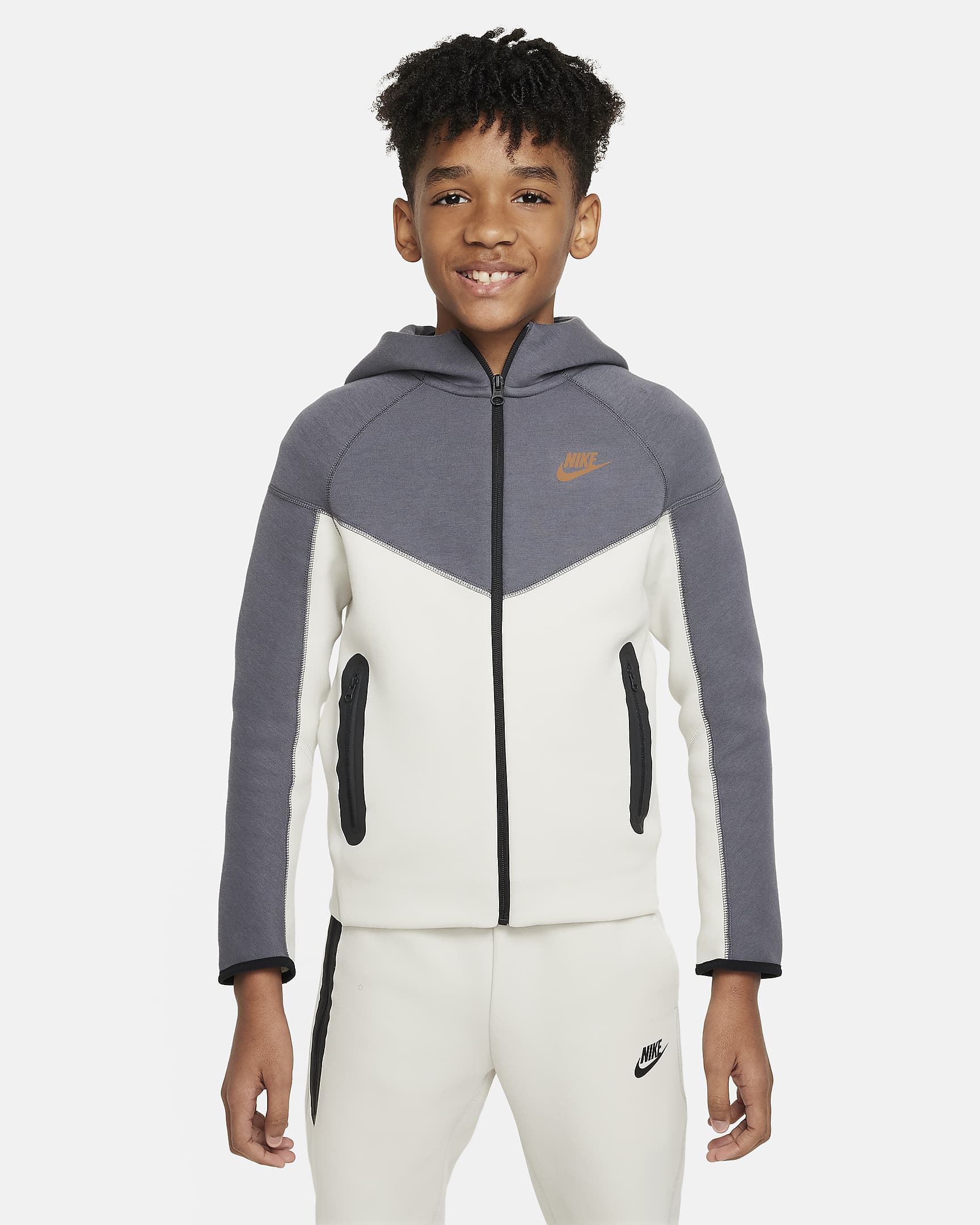 Nike Sportswear Tech Fleece Older Kids' (Boys') Full-Zip Hoodie - Dark Grey/Light Bone/Black/Light British Tan