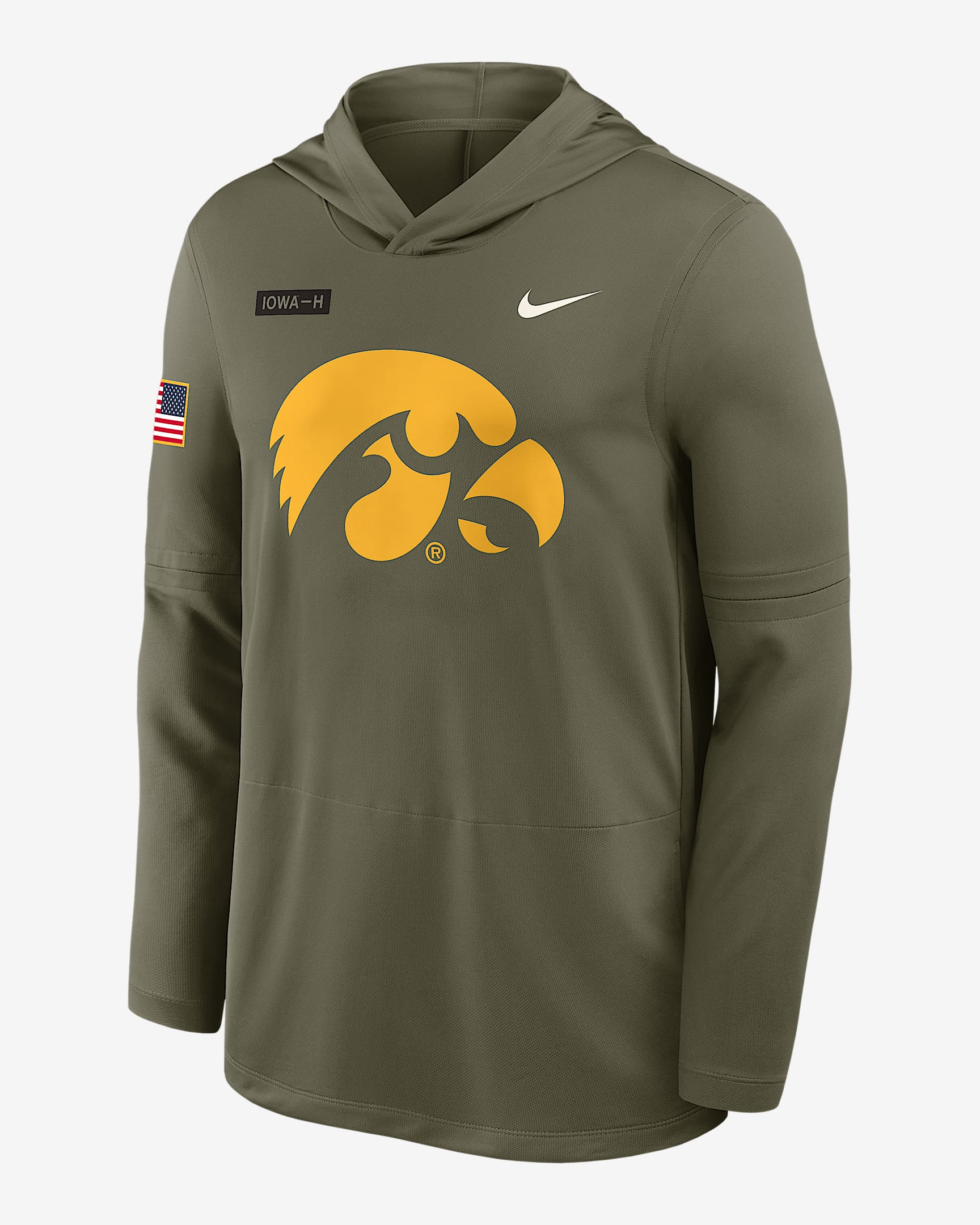 Iowa 2025 Military Appreciation Men's Nike Dri-FIT College Long-Sleeve Hooded Top - Olive