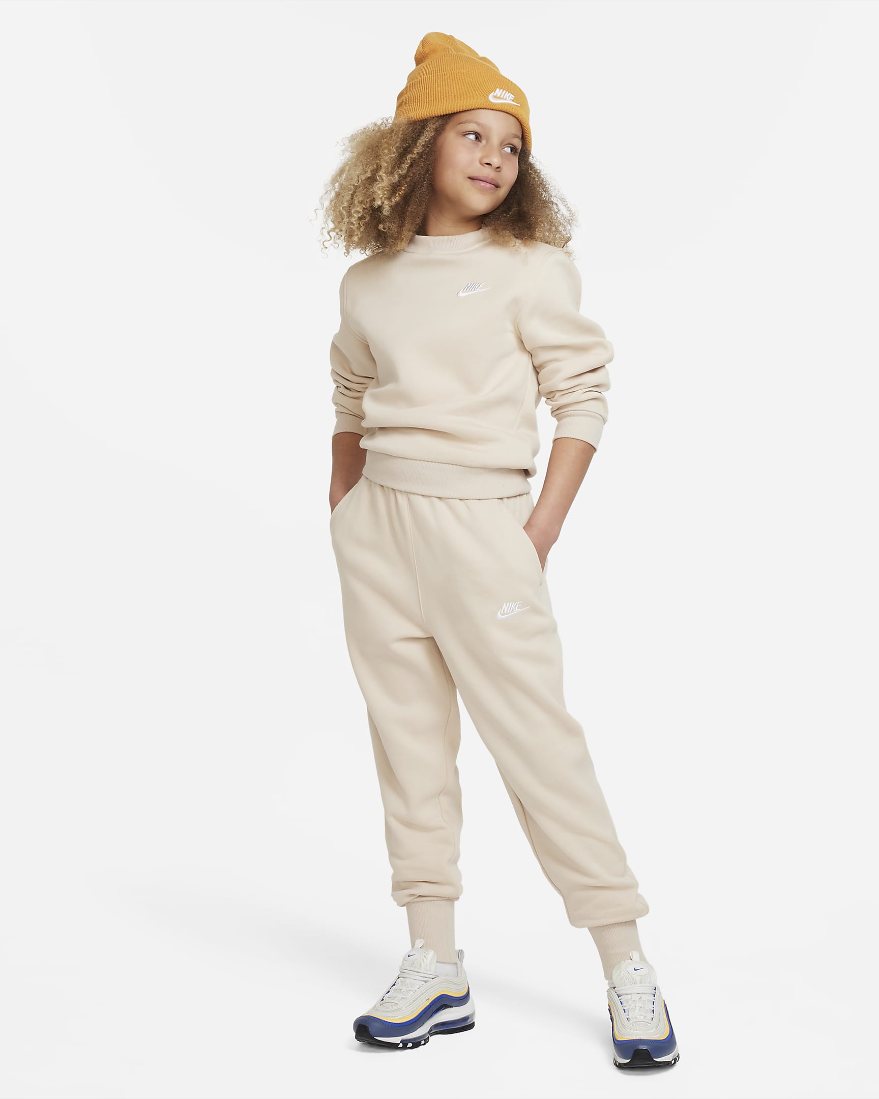 Nike Sportswear Club Fleece Older Kids' (Girls') High-Waisted Fitted Trousers - Sand Drift/Sand Drift/White