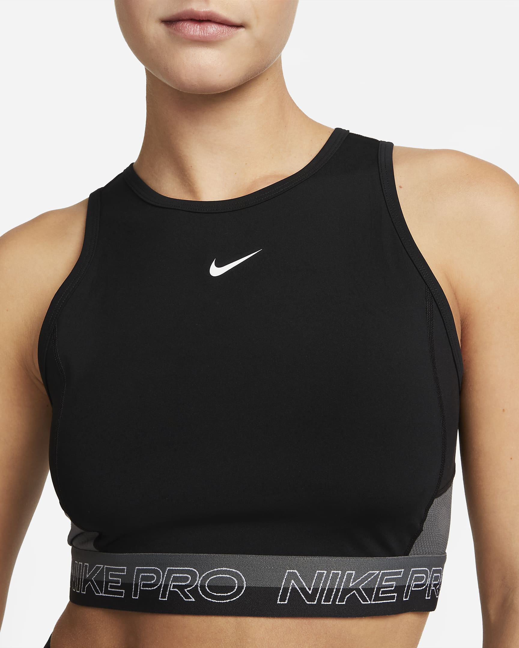 Nike Pro Dri-FIT Samarreta de tirants de disseny cropped de training - Dona - Negre/Iron Grey/Blanc/Blanc