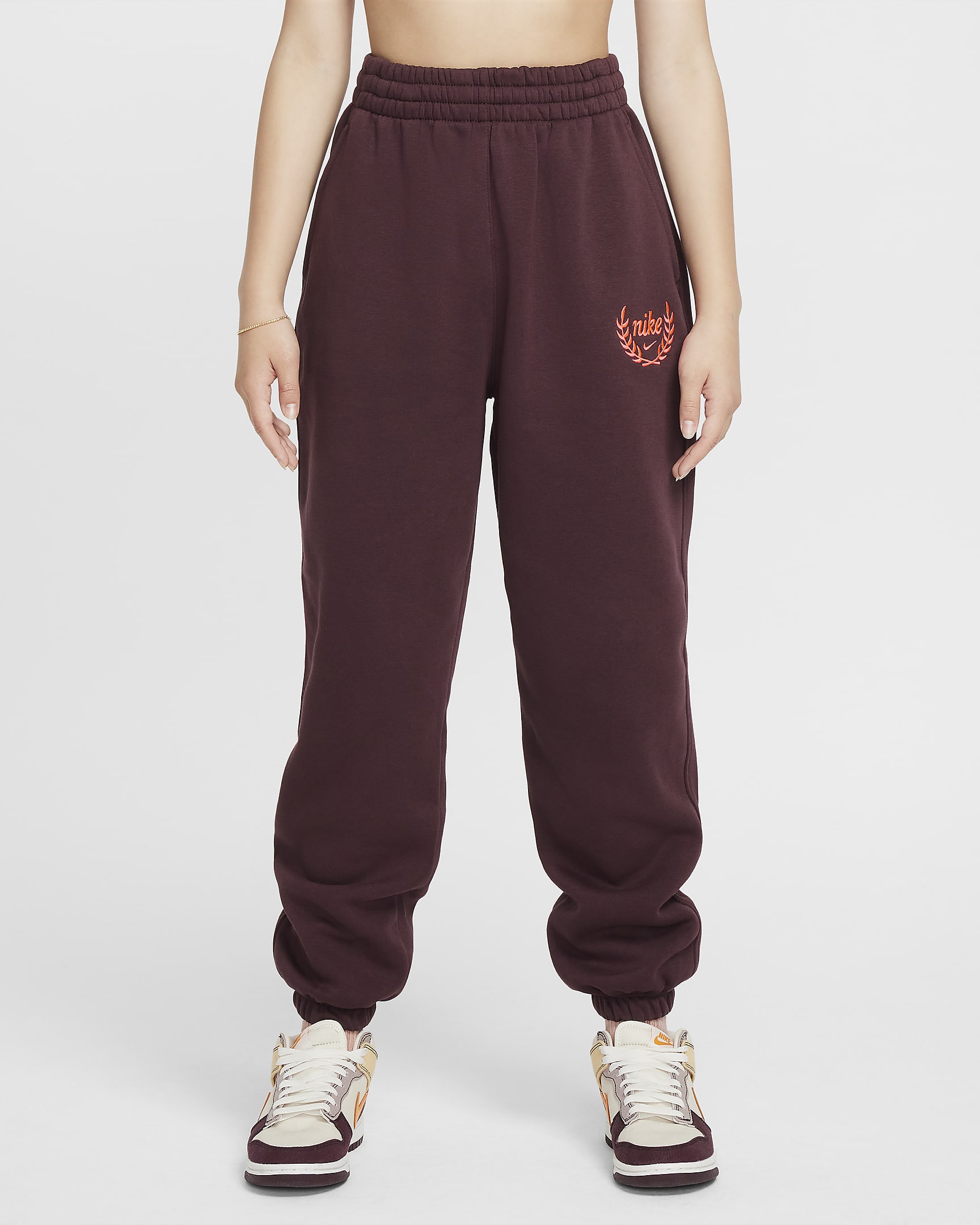 Nike Sportswear Club Fleece Girls' Loose Pants - Burgundy Crush/Hot Punch