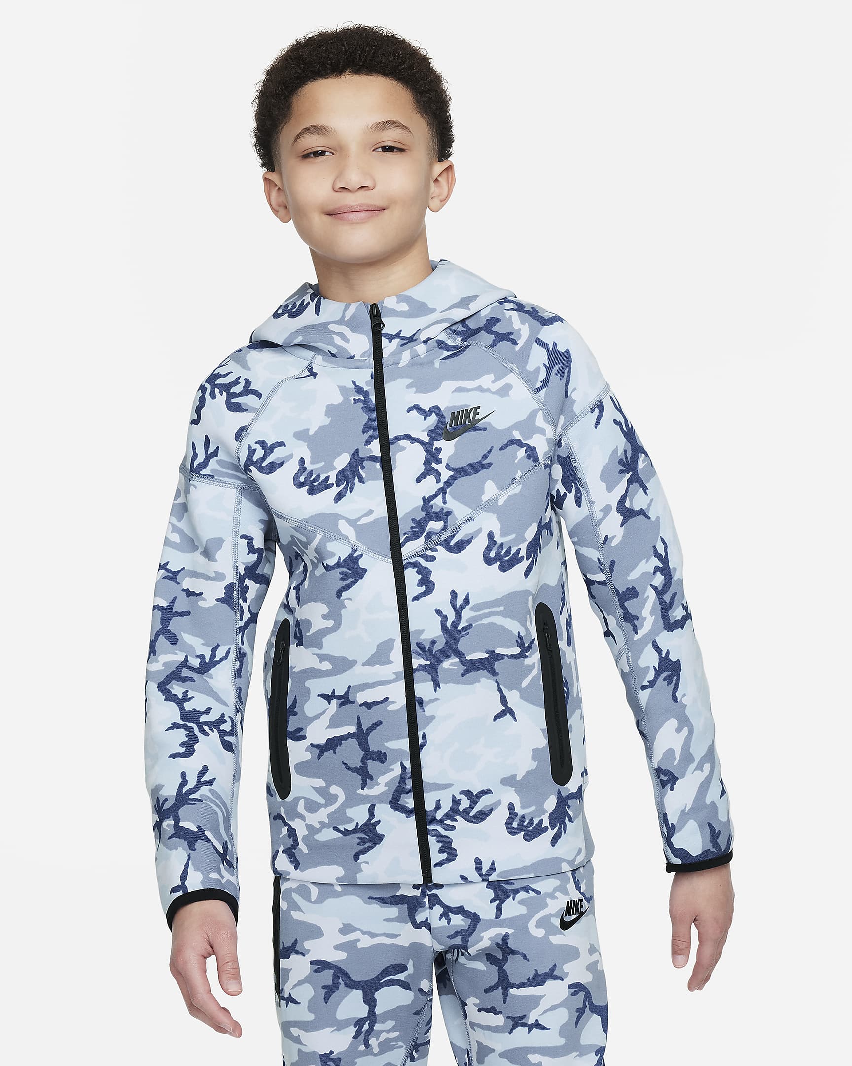 Nike Tech Fleece Older Kids' (Boys') Camo Full-Zip Hoodie - Ashen Slate/Ashen Slate/Black