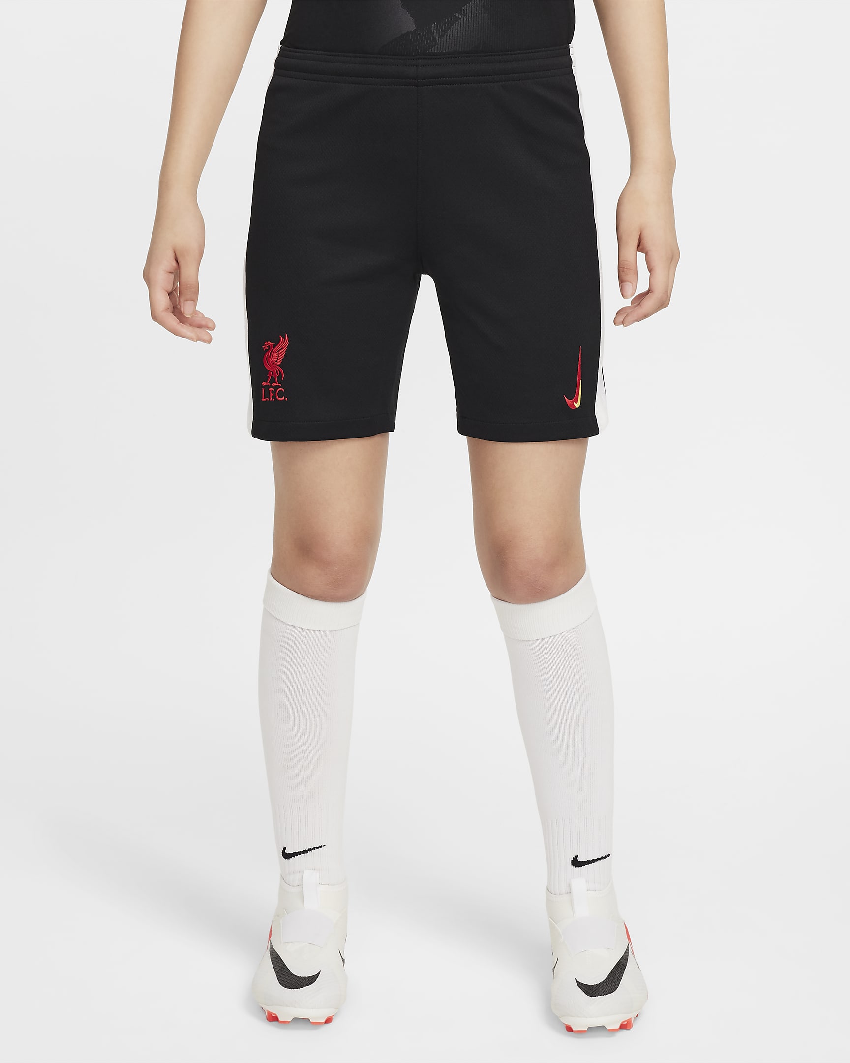 Replika třetích fotbalových kraťasů Nike Dri-FIT Liverpool FC Stadium 2024/25 pro větší děti - Černá/Bílá/Global Red