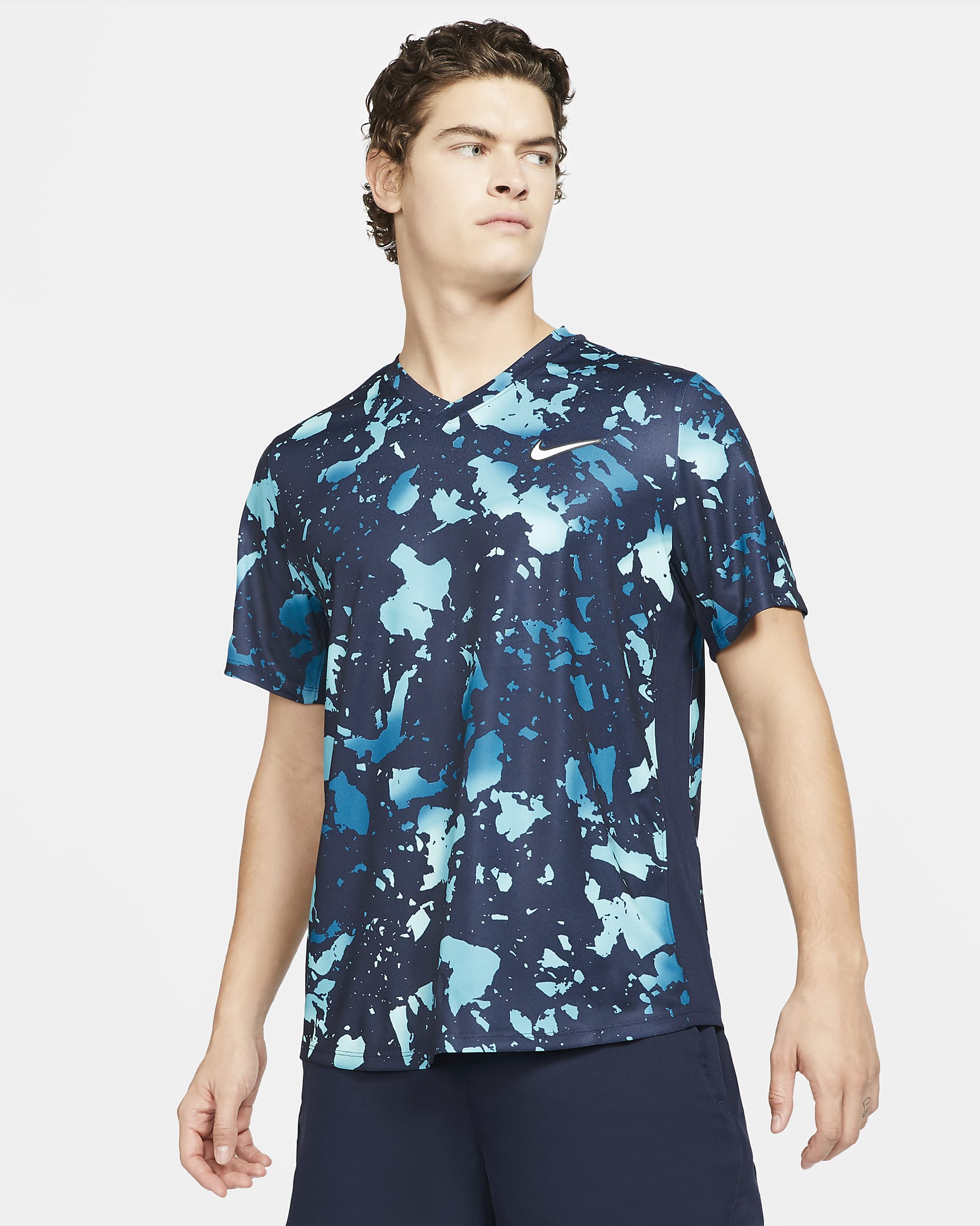 NikeCourt Dri-FIT Victory Men's Printed Tennis Top - Obsidian/Obsidian/White