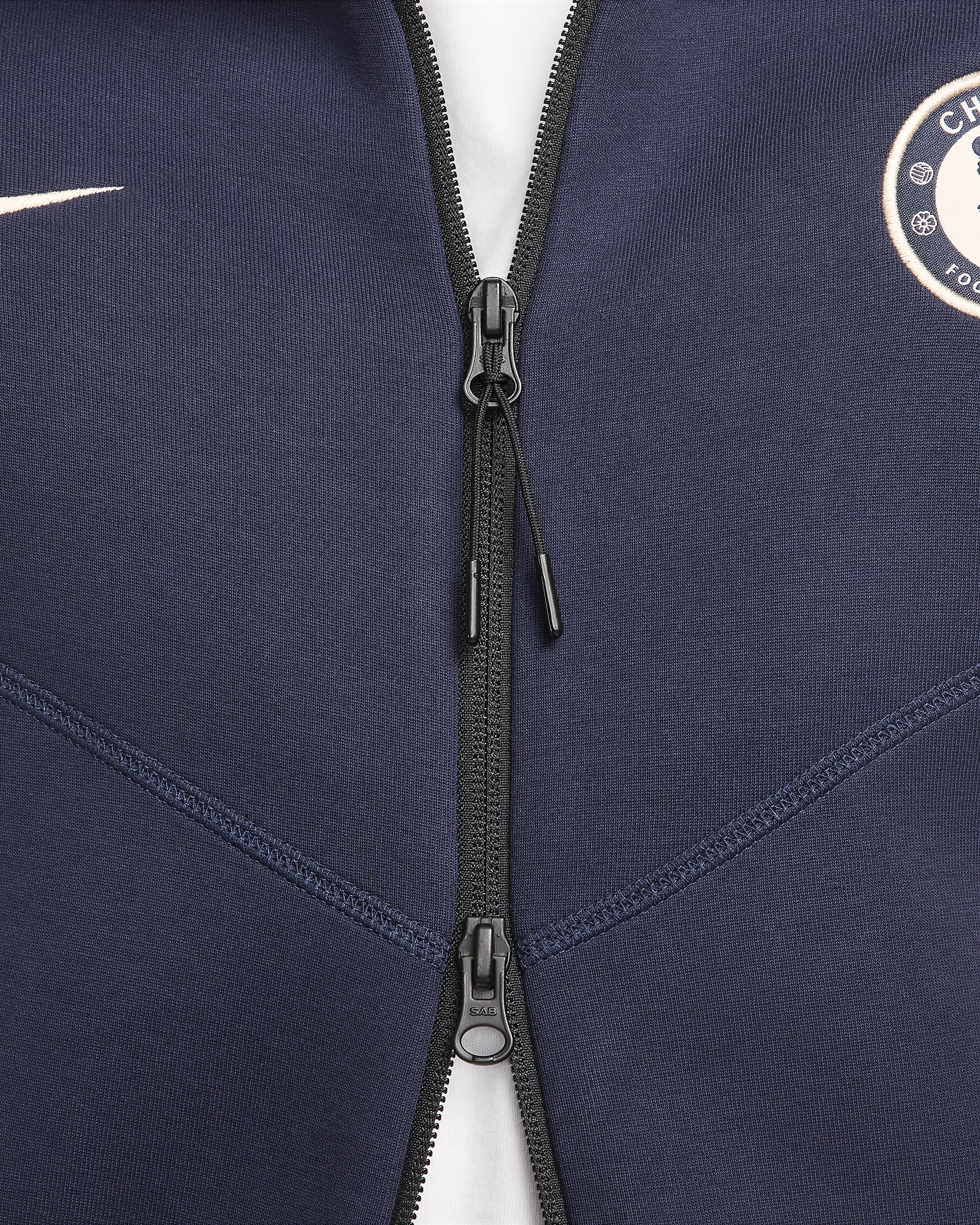 Chelsea F.C. Tech Fleece Windrunner Men's Nike Football Full-Zip Hoodie - Obsidian/Guava Ice