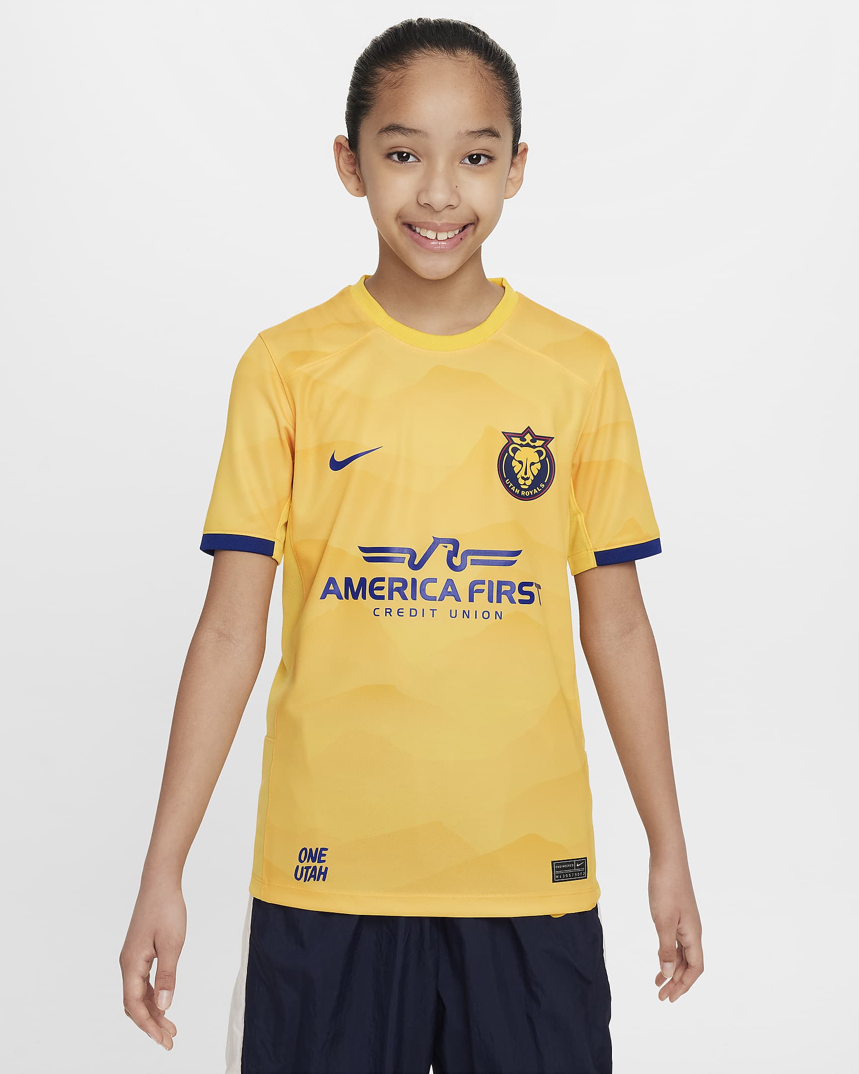 Jersey Nike Dri-FIT de la NWSL replica del Utah Royals local 2024 Stadium para niños talla grande - Amarillo universitario