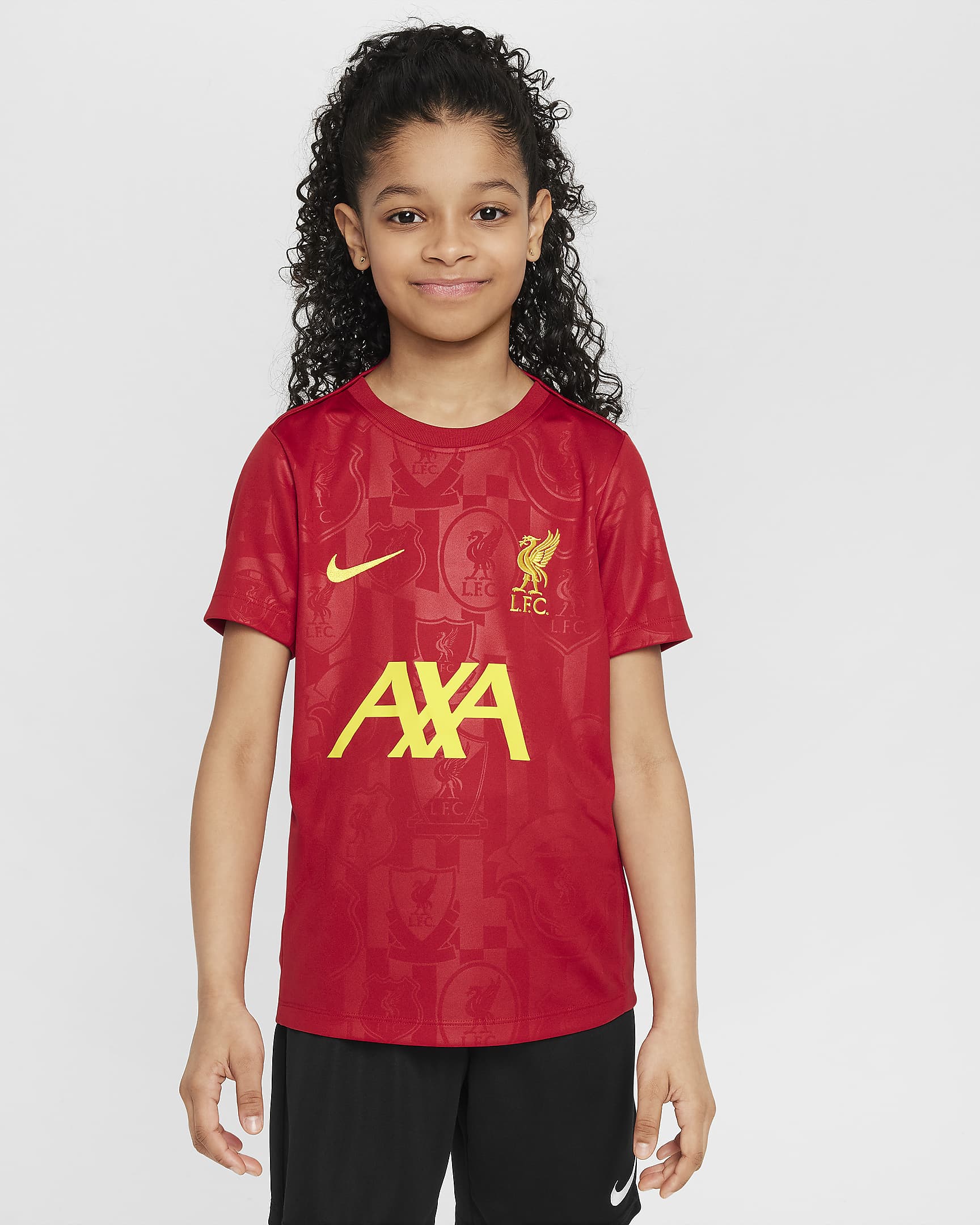 FC Liverpool Academy Pro Nike Dri-FIT Pre-Match Kurzarm-Fußballoberteil (ältere Kinder) - Gym Red/Chrome Yellow/Chrome Yellow