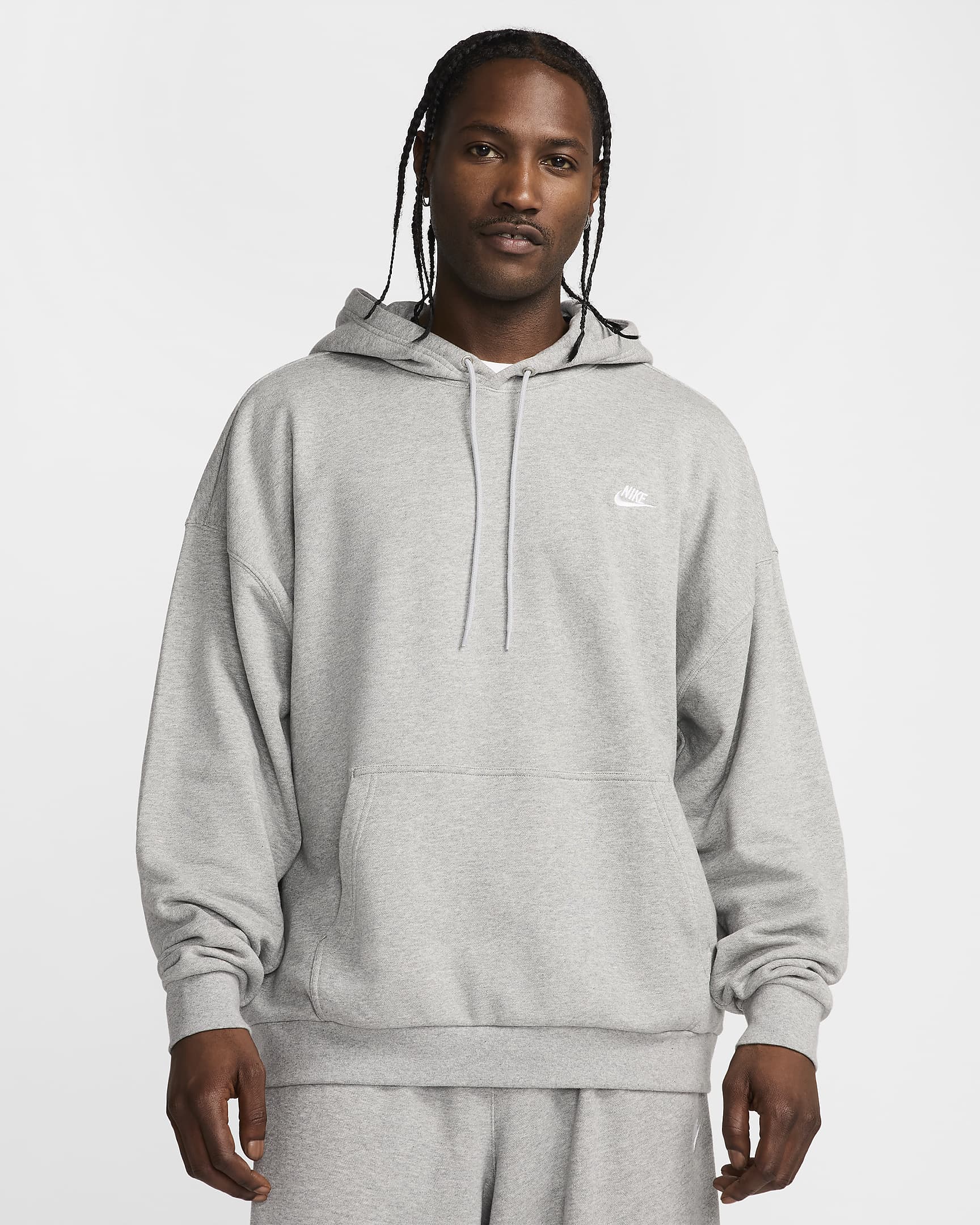 Sweat à capuche oversize en molleton Nike Club Fleece pour homme - Dark Grey Heather/Light Smoke Grey/Blanc