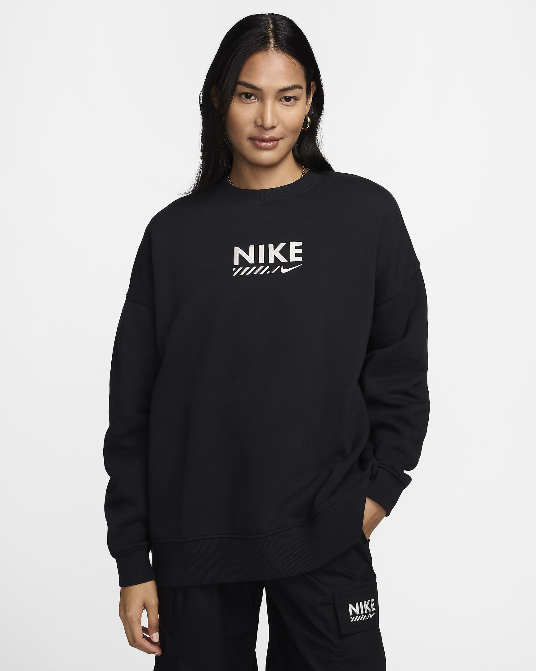 Sweat oversize à col ras-du-cou en tissu Fleece Nike Sportswear pour femme - Noir