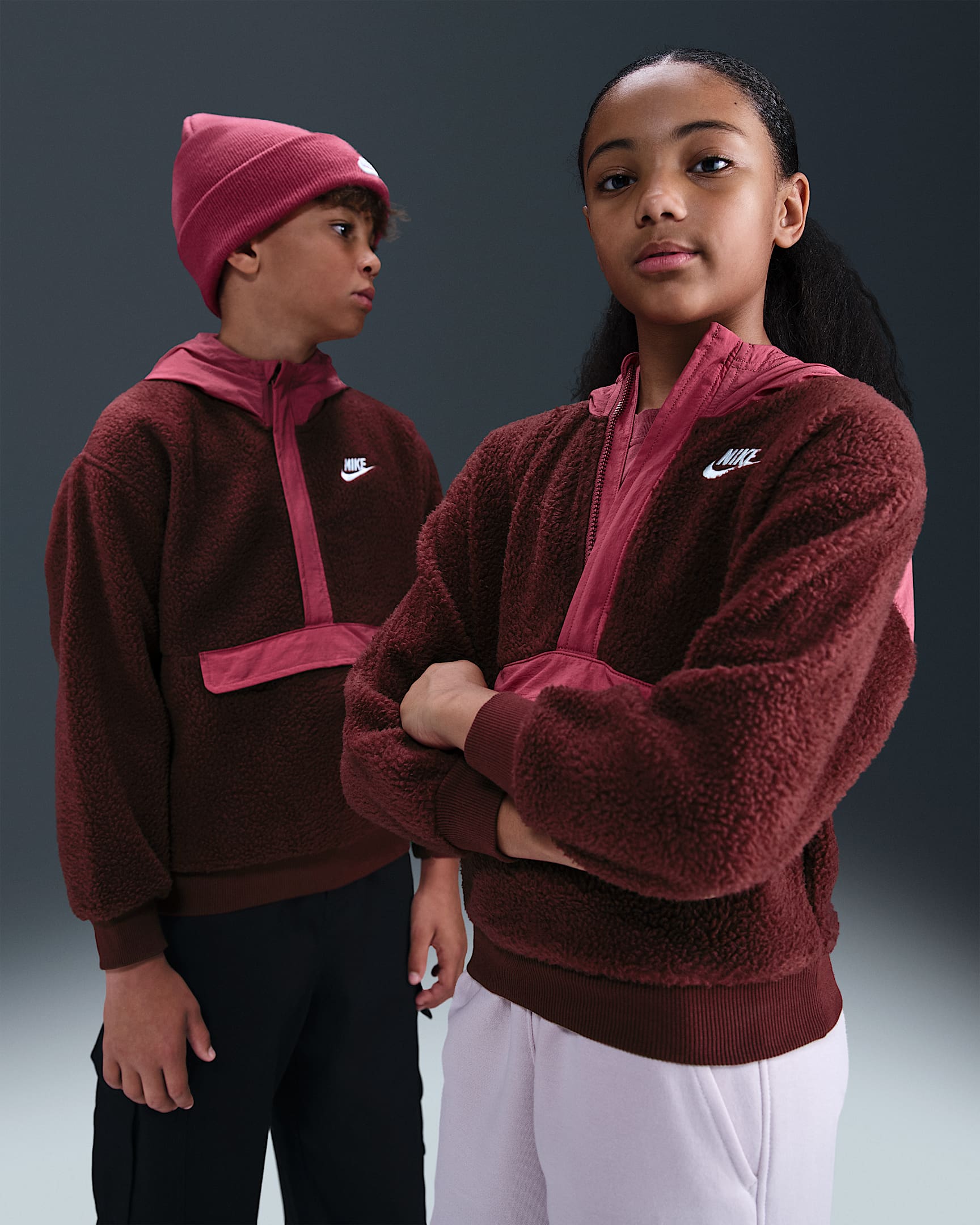 Nike Sportswear Club Fleece Big Kids' Loose 1/4-Zip Hoodie - Dark Team Red/Sweet Beet/White