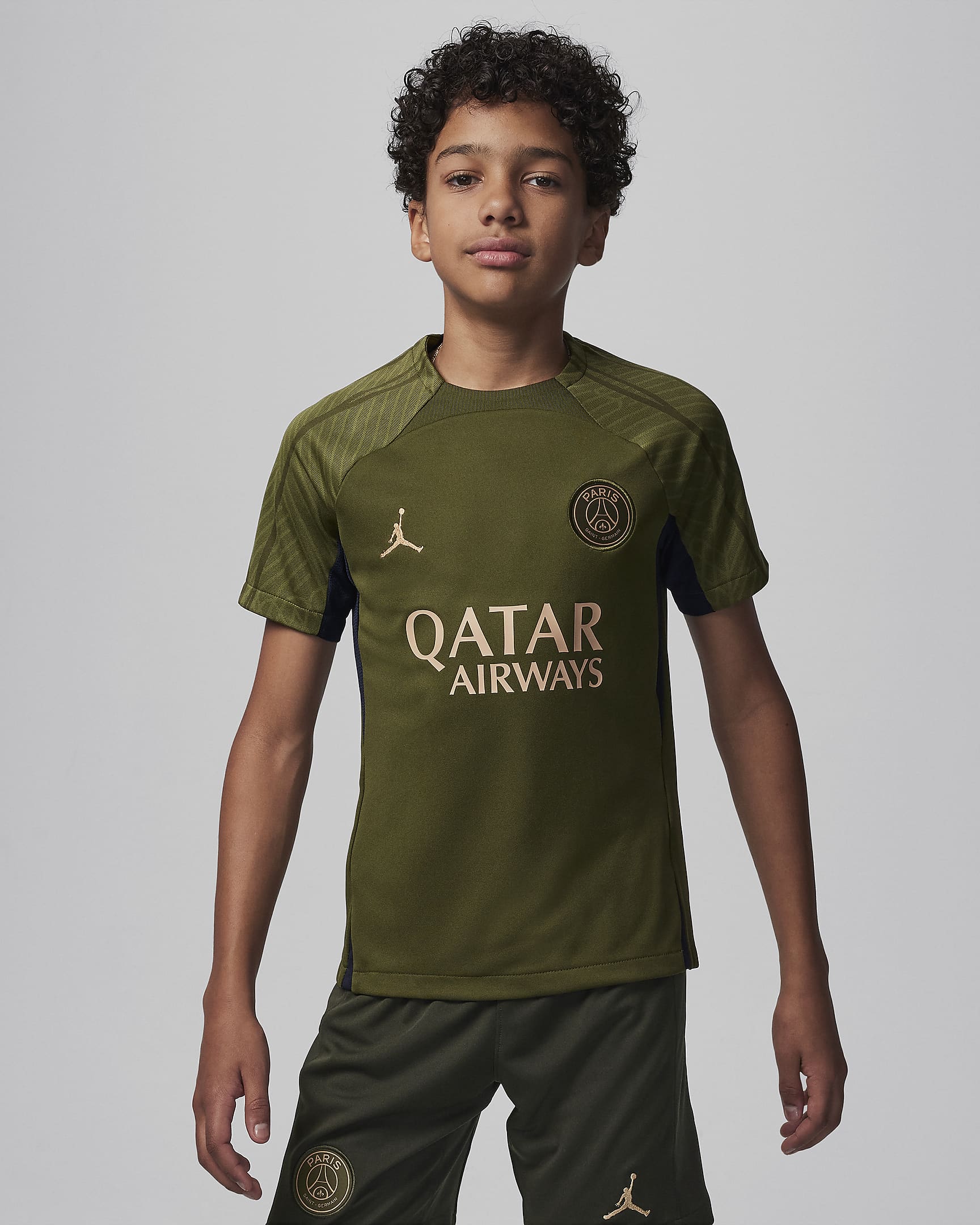 Paris Saint-Germain Strike Fourth Big Kids' Jordan Dri-FIT Soccer Knit Top - Rough Green/Rough Green/Dark Obsidian/Hemp