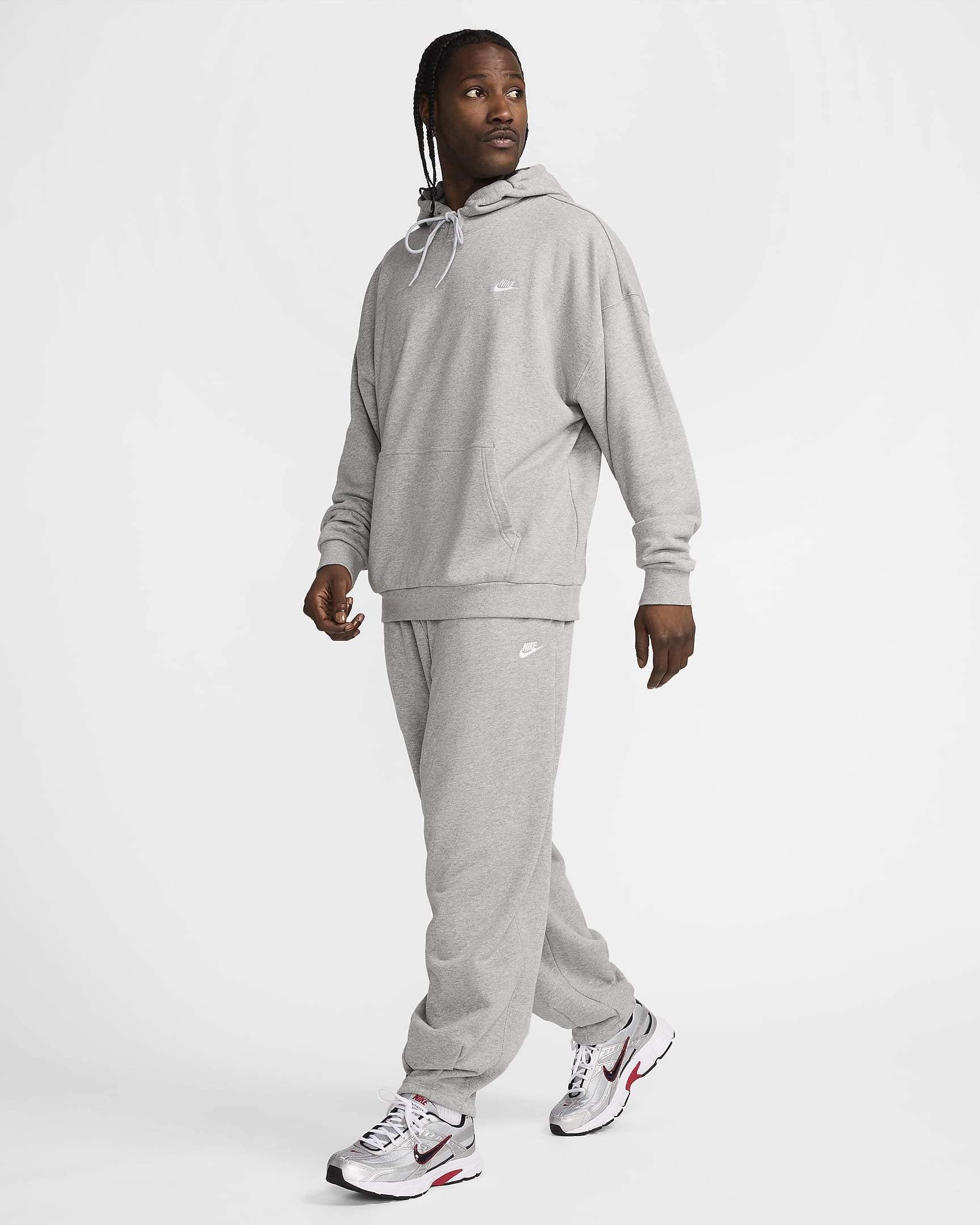 Sweat à capuche oversize en molleton Nike Club Fleece pour homme - Dark Grey Heather/Light Smoke Grey/Blanc