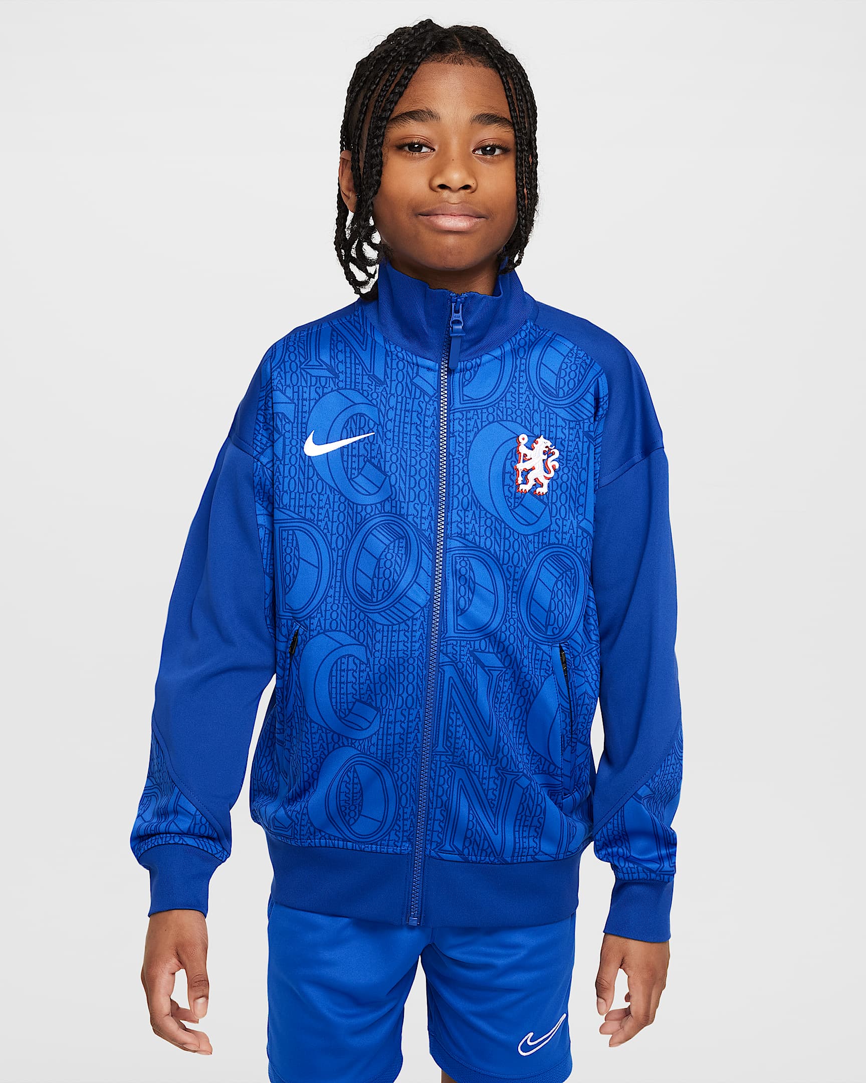 Fotbollsjacka Chelsea FC Academy Pro Nike Dri-FIT Anthem för ungdom - Rush Blue/Game Royal/Vit