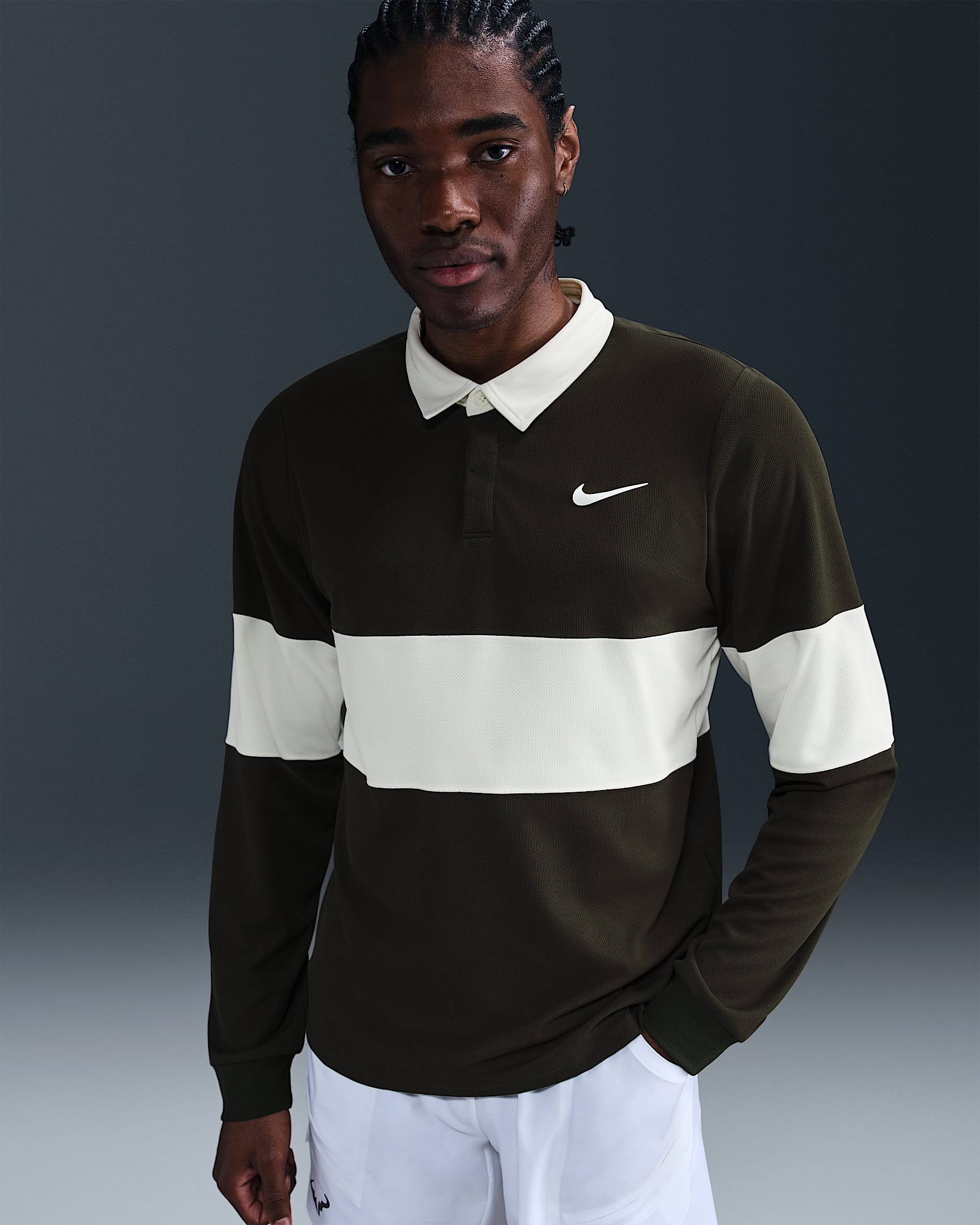 NikeCourt Slam Men's Dri-FIT ADV Long-Sleeve Tennis Polo - Sequoia/Pale Ivory/White