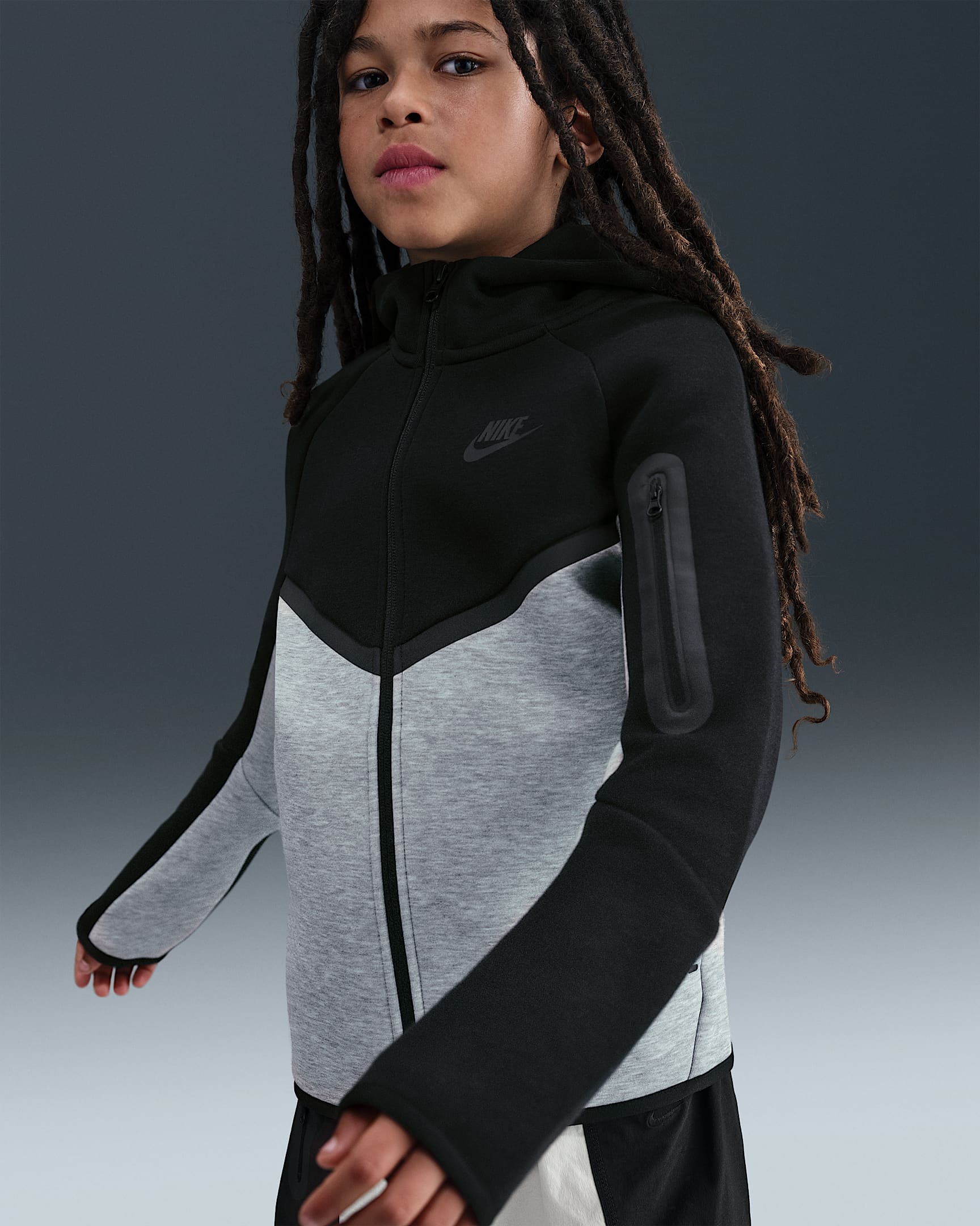 Nike Sportswear Tech Fleece hoodie met rits over de hele lengte voor kids (ruimere maten) - Dark Grey Heather/Zwart/Zwart/Zwart