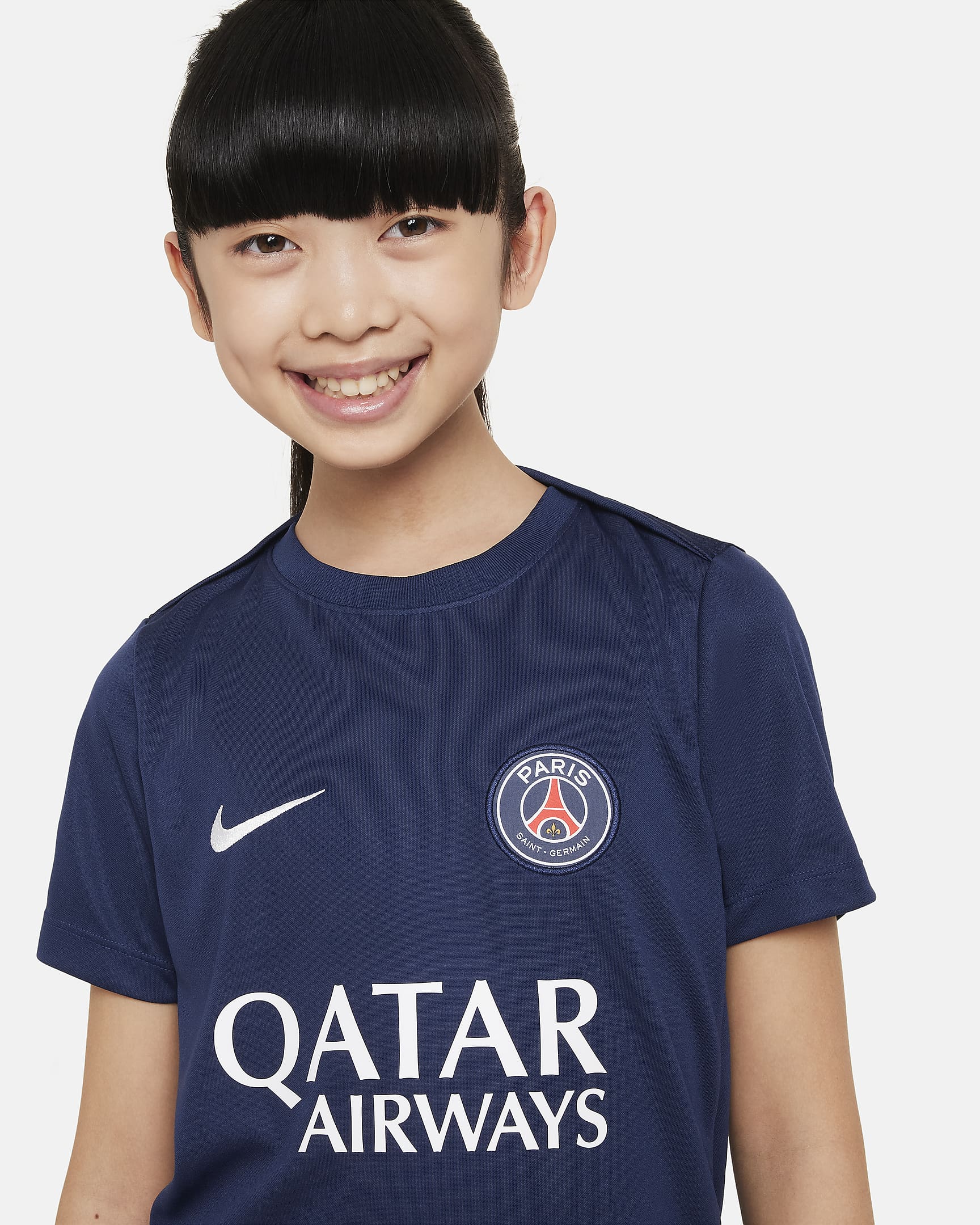 Paris Saint-Germain Academy Pro Nike Dri-FIT Kısa Kollu Örgü Genç Çocuk Futbol Üstü - Midnight Navy/Beyaz