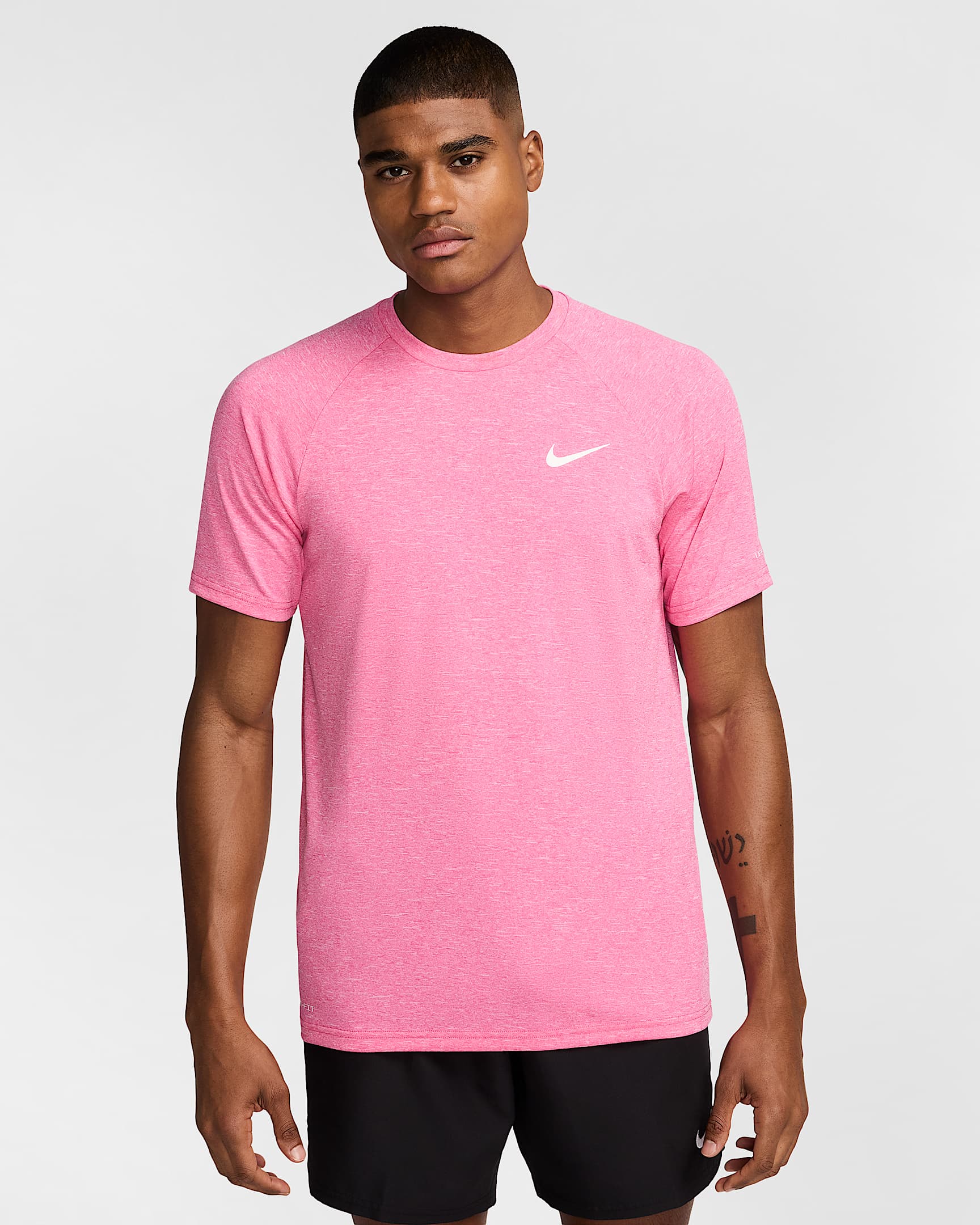 Nike Men's Heathered Short-Sleeve Hydroguard Swimming Top - Pinksicle/Midnight Navy/White