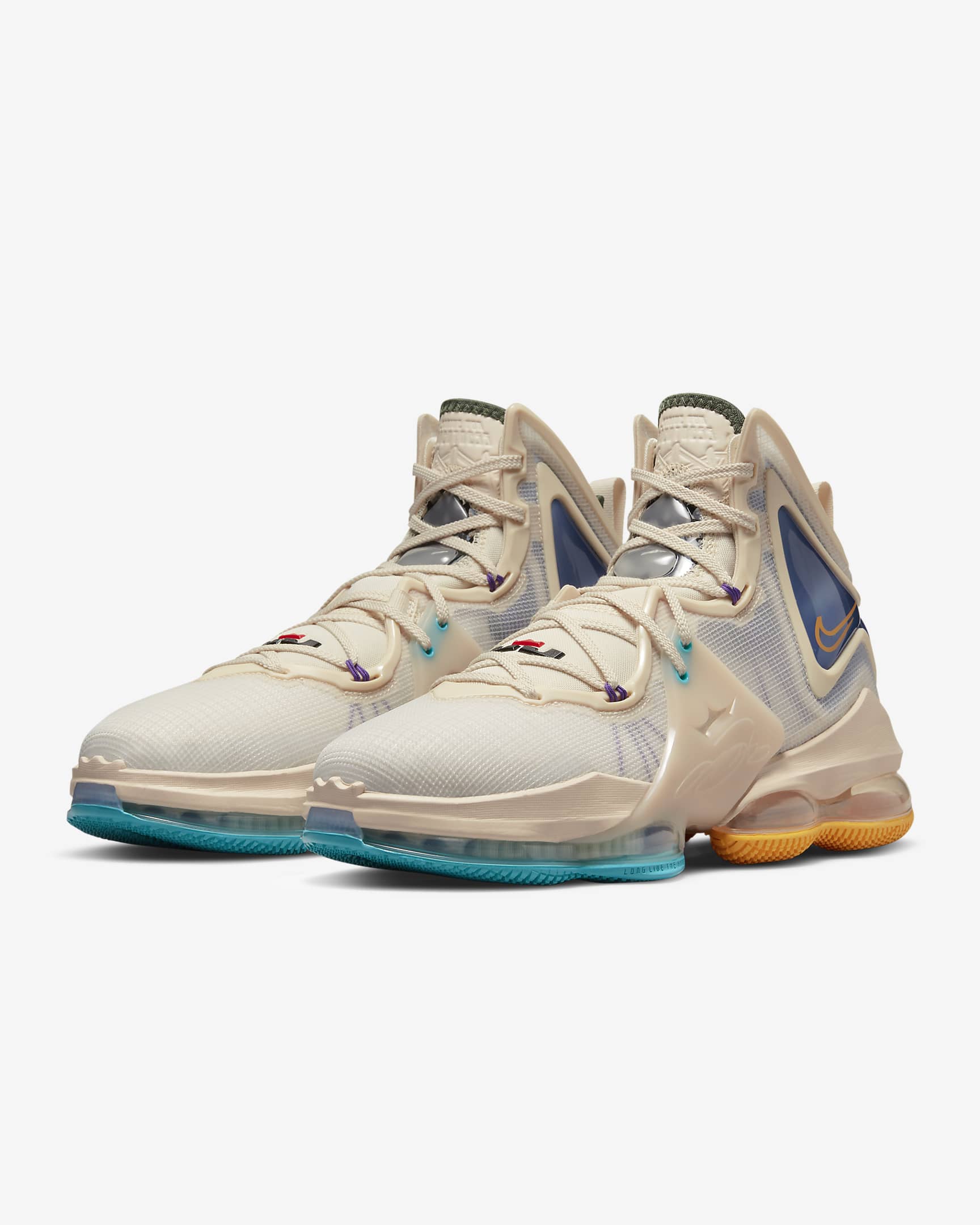 LeBron 19 Basketball Shoes - Pearl White/Game Royal/Clear Emerald/University Gold