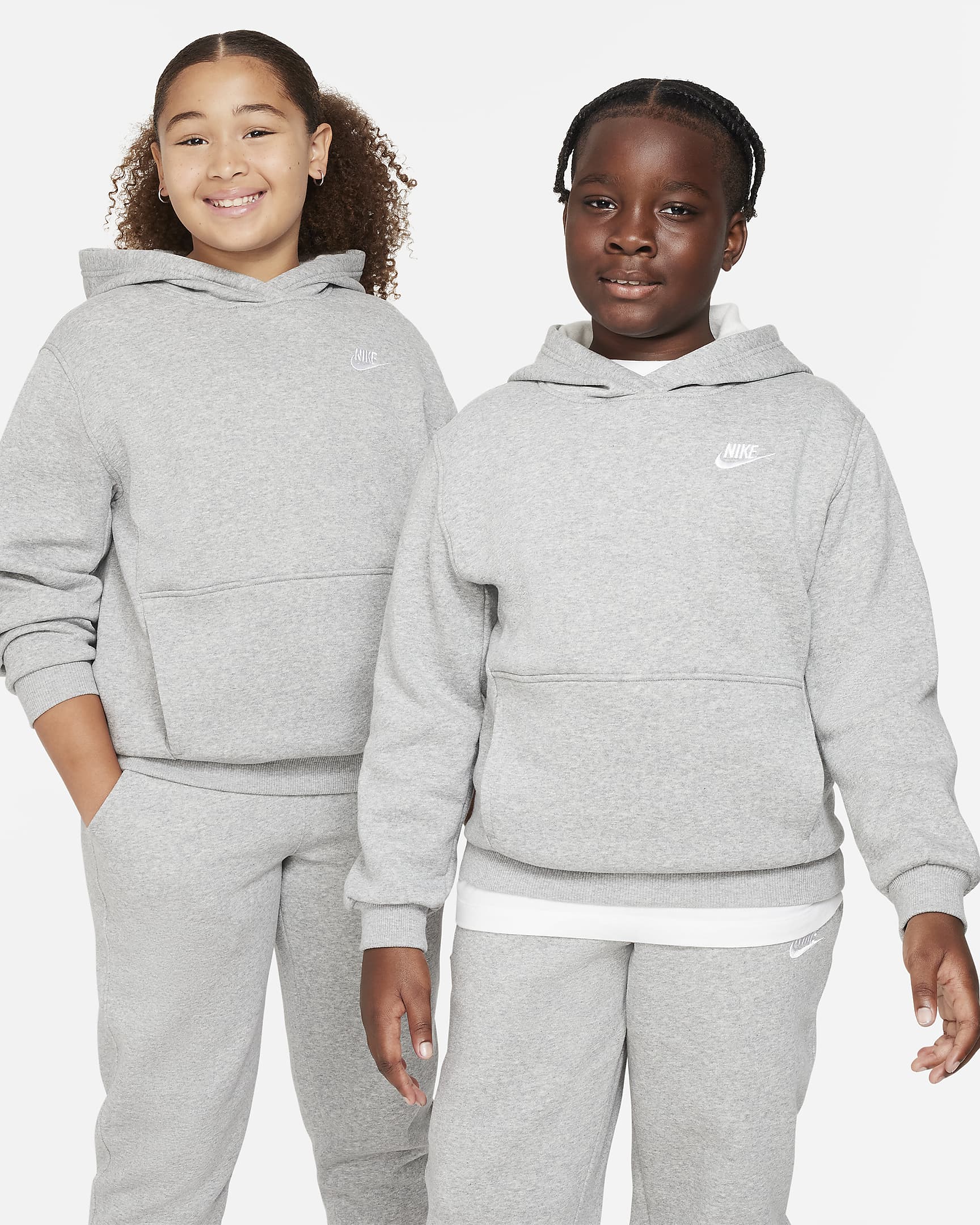 Nike Sportswear Club Fleece Older Kids' Pullover Hoodie (Extended Size) - Dark Grey Heather/White