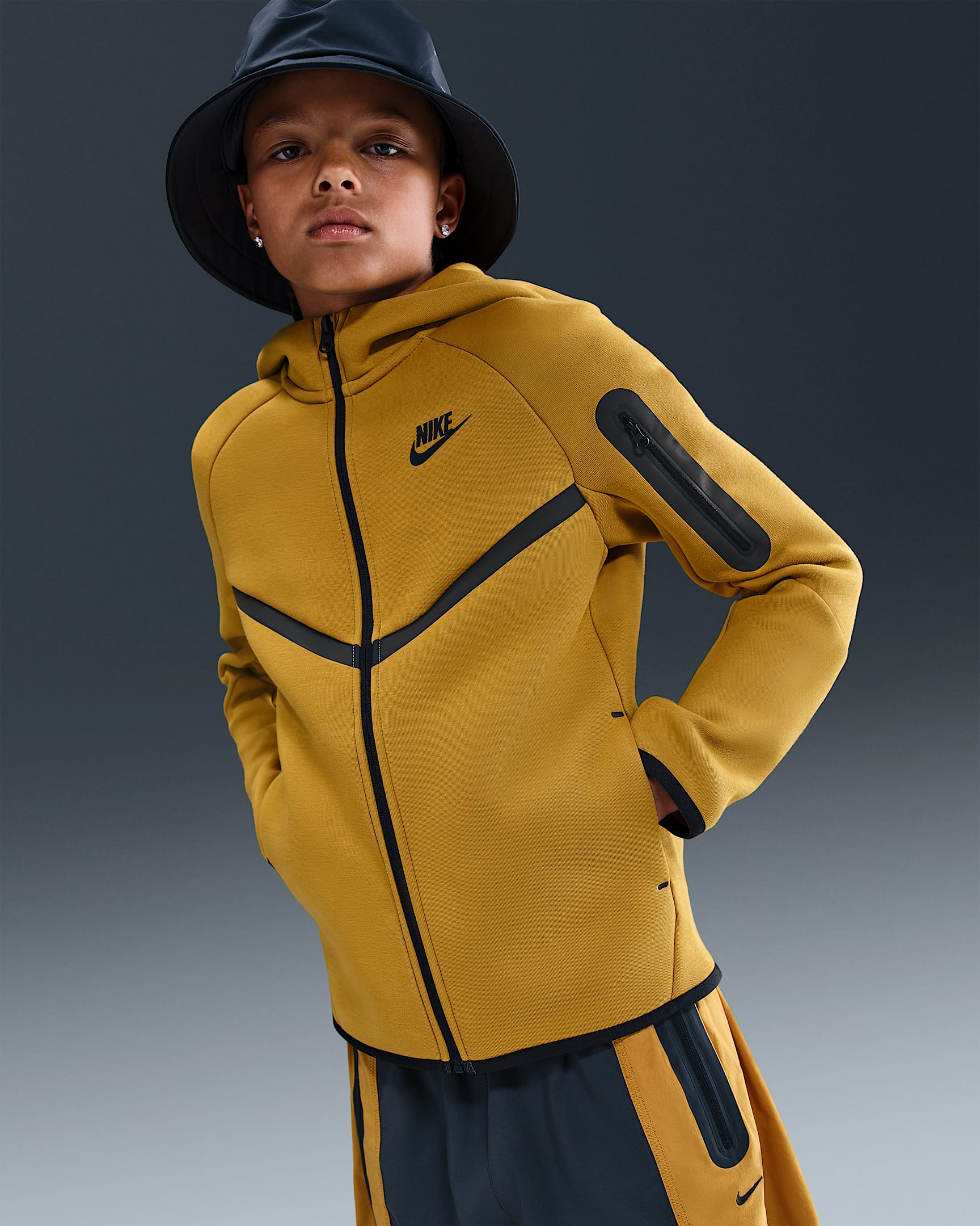 Nike Sportswear Tech Fleece Big Kids' Full-Zip Hoodie - Ochre/Black/Black