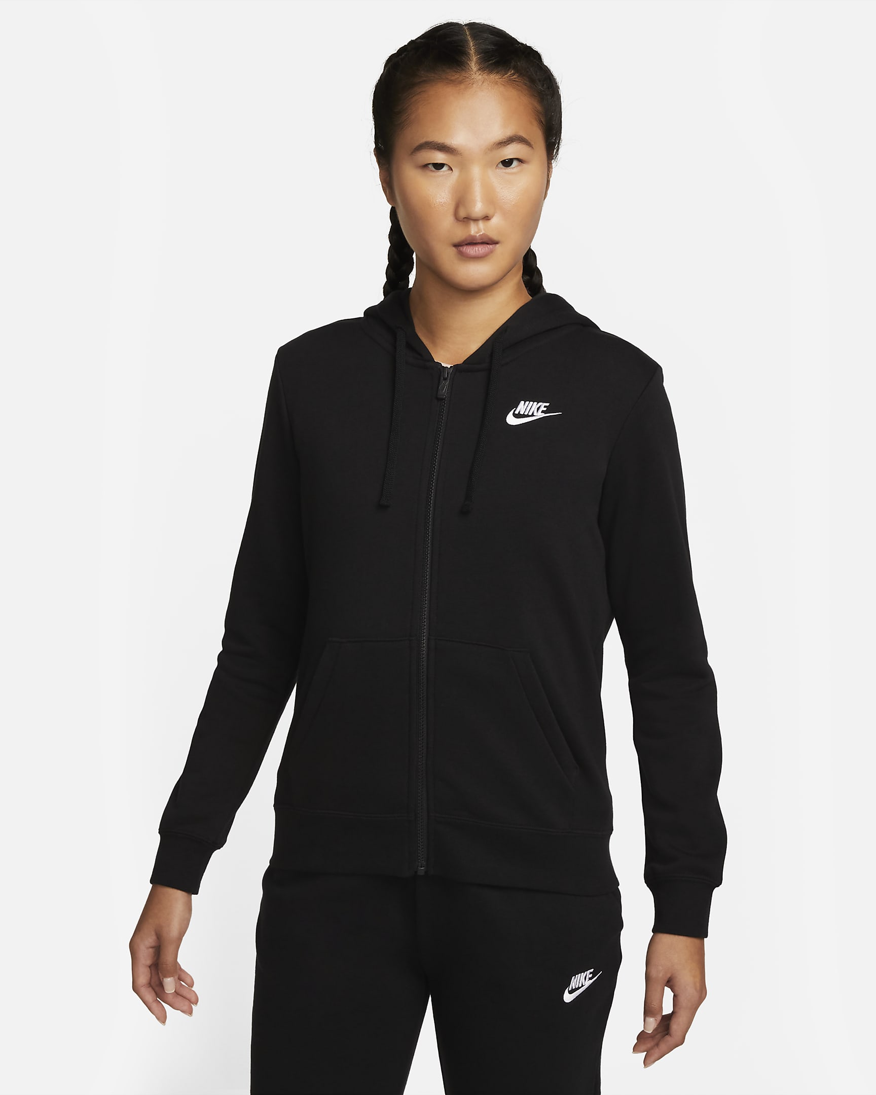 Nike Sportswear Club Fleece 女款全長式拉鍊連帽上衣 - 黑色/白色