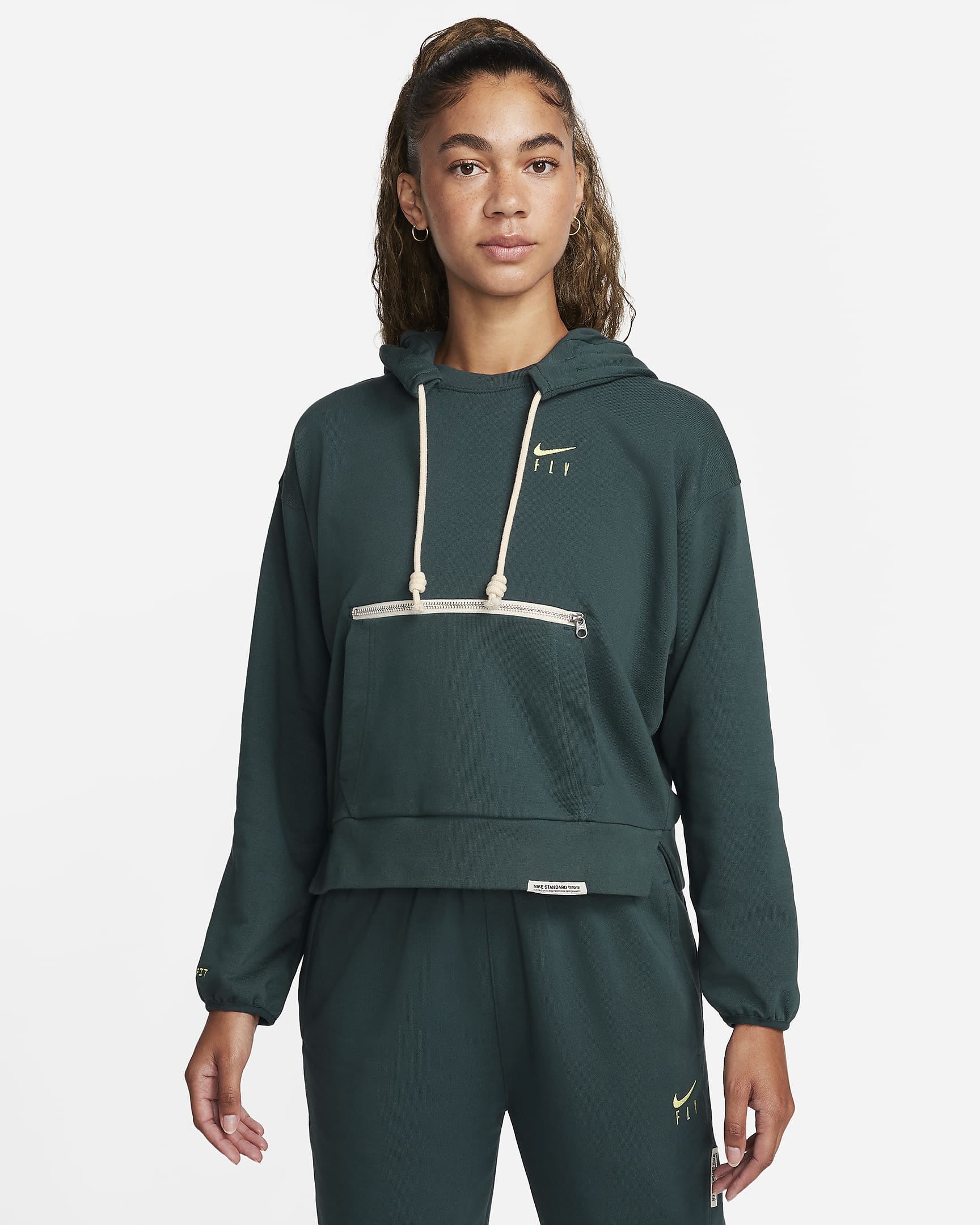 Nike Dri-FIT Swoosh Fly Standard Issue Women's Pullover Basketball Hoodie - Deep Jungle/Light Lemon Twist