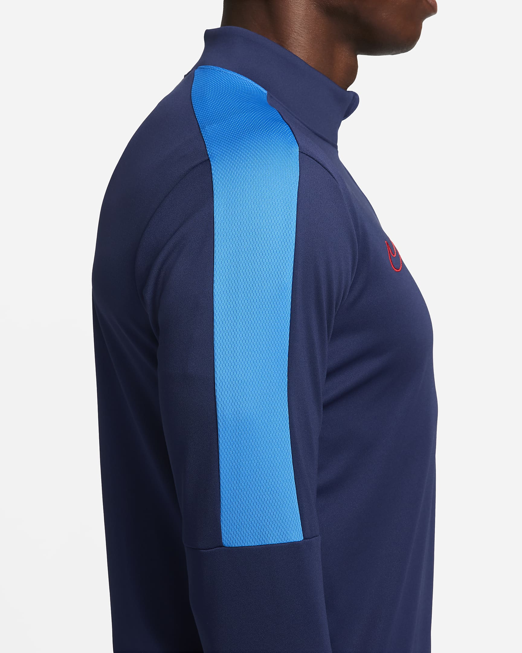 Nike Academy Dri-FIT fotballoverdel med glidelås i halsen til herre - Midnight Navy/Light Photo Blue/University Red