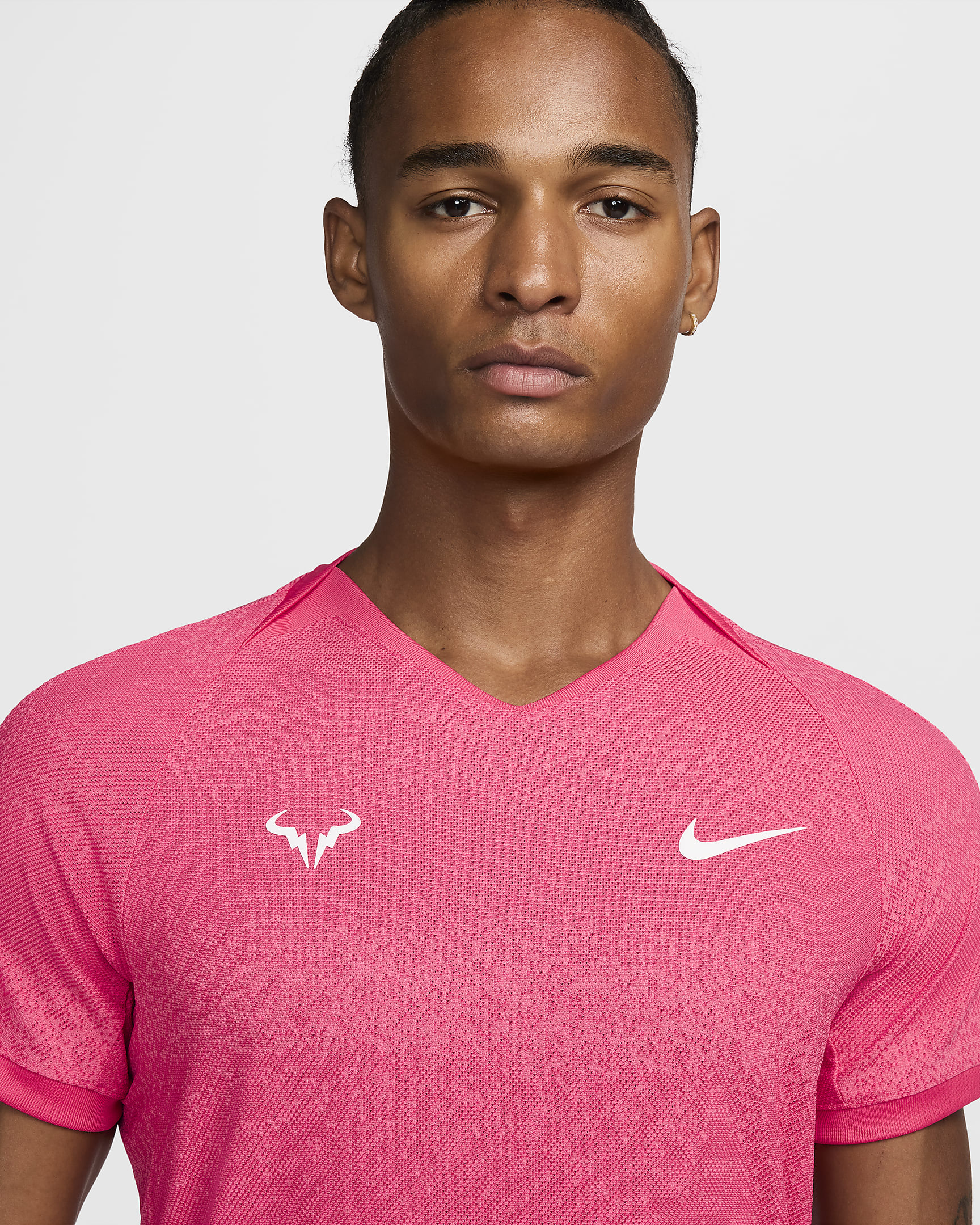 Camisola de ténis de manga curta Nike Dri-FIT ADV Rafa para homem - Rosa Aster/Branco