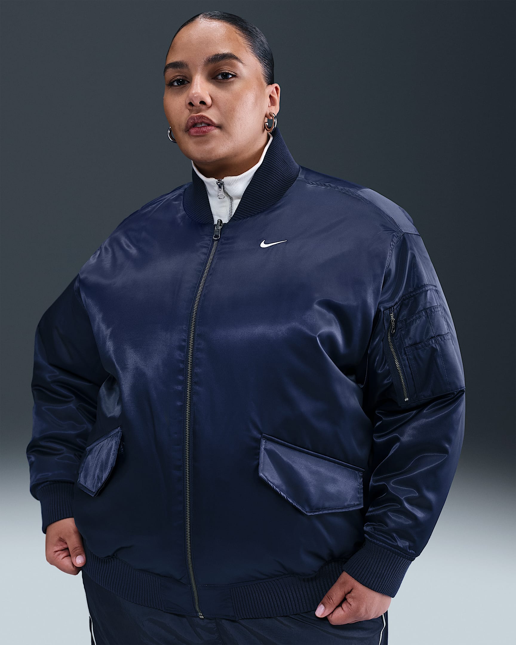 Nike Sportswear Women's Therma-FIT Reversible Bomber Jacket (Plus Size) - Midnight Navy/Diffused Blue/Sail/Sail