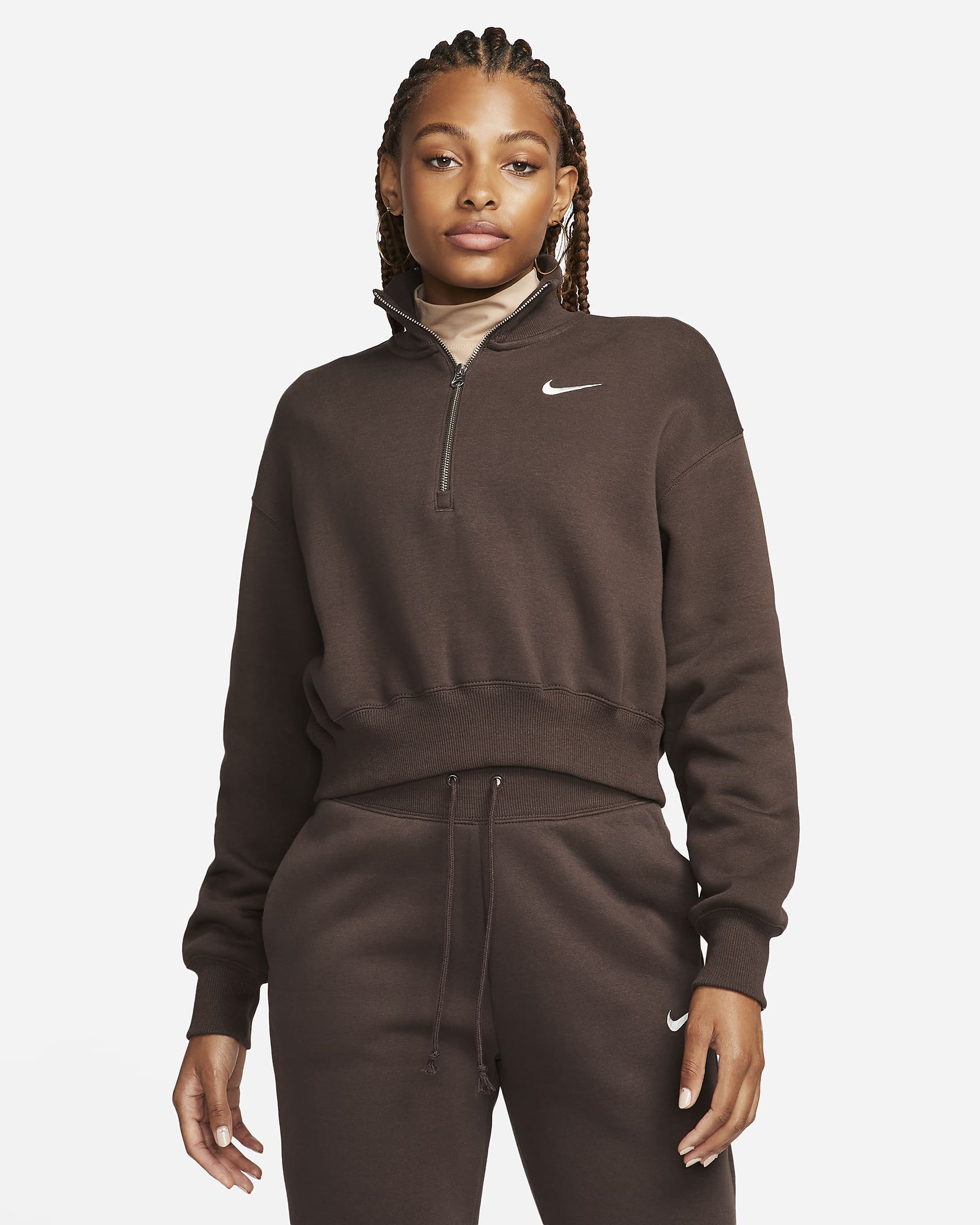 Sudadera corta de medio cierre para mujer Nike Sportswear Phoenix Fleece - Marrón barroco/Vela