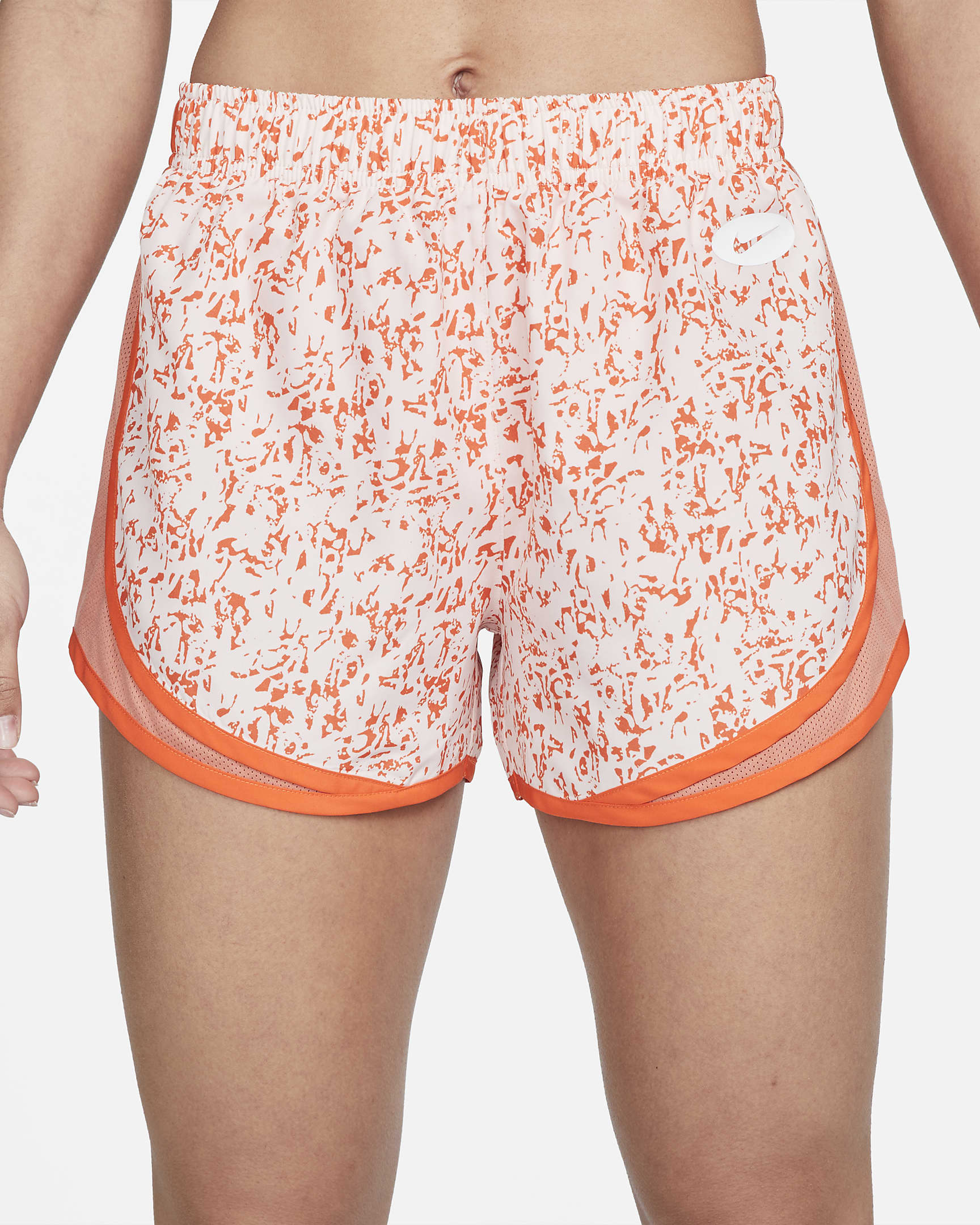 Nike Dri-FIT Icon Clash Tempo Women's Mid-Rise All-Over Print Running Shorts - Atmosphere/Madder Root/Rush Orange/White