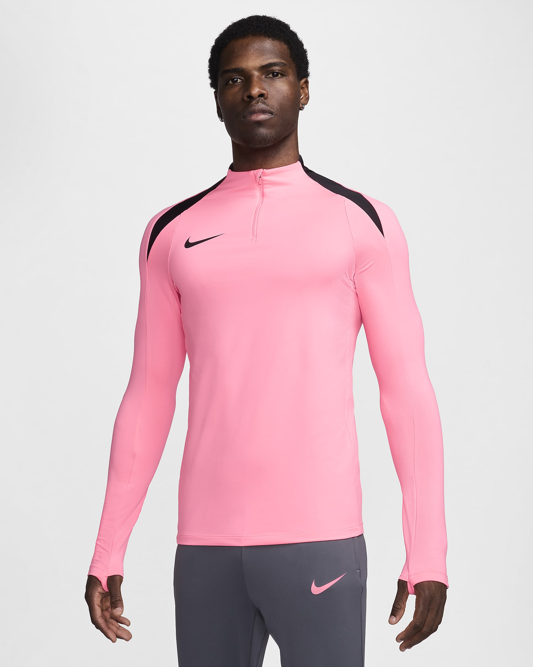 Męska treningowa koszulka piłkarska z zamkiem 1/2 Dri-FIT Nike Strike - Sunset Pulse/Czerń/Czerń