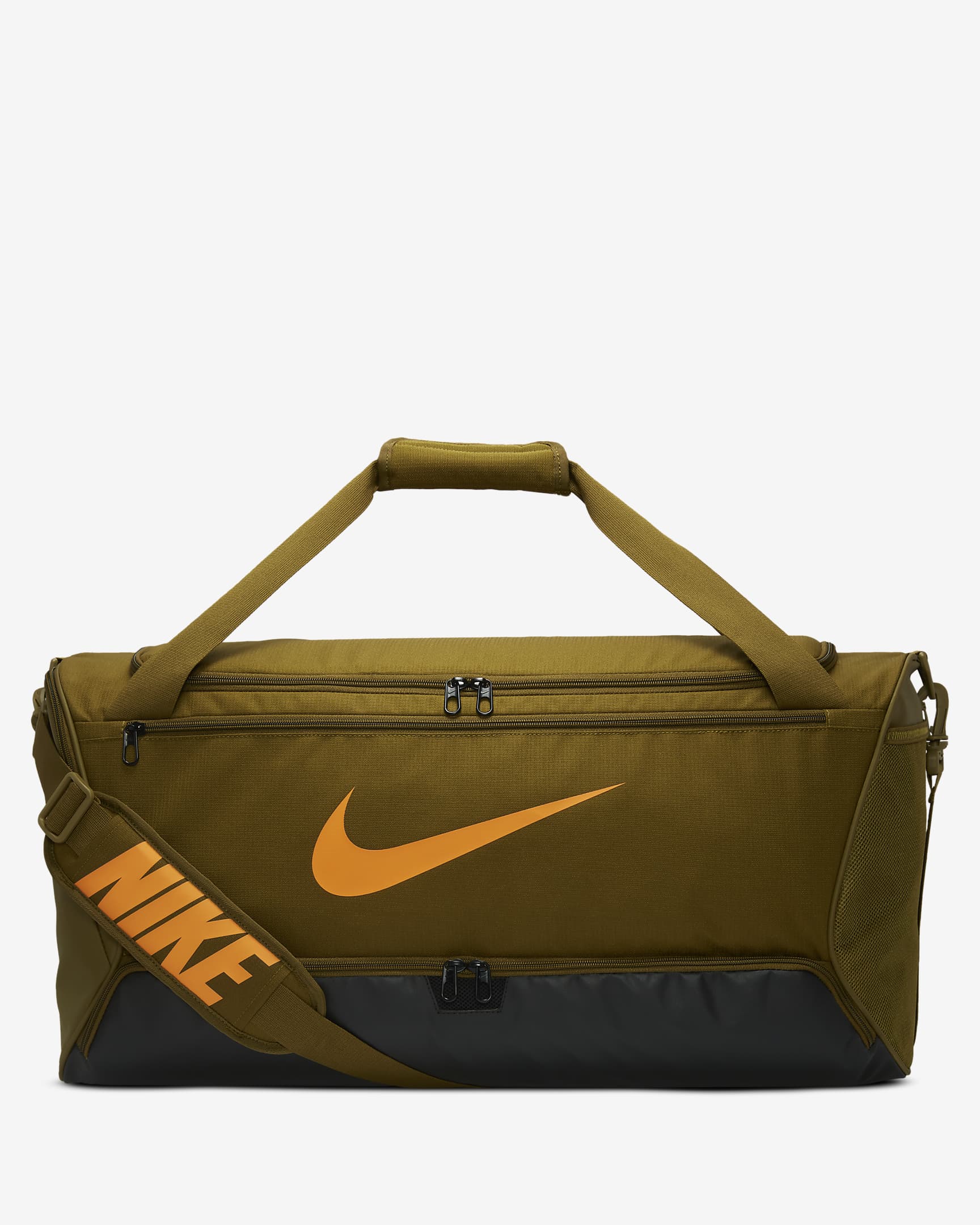 Nike Brasilia 9.5 Training Duffel Bag (Medium, 60L) - Olive Flak/Black/Vivid Orange