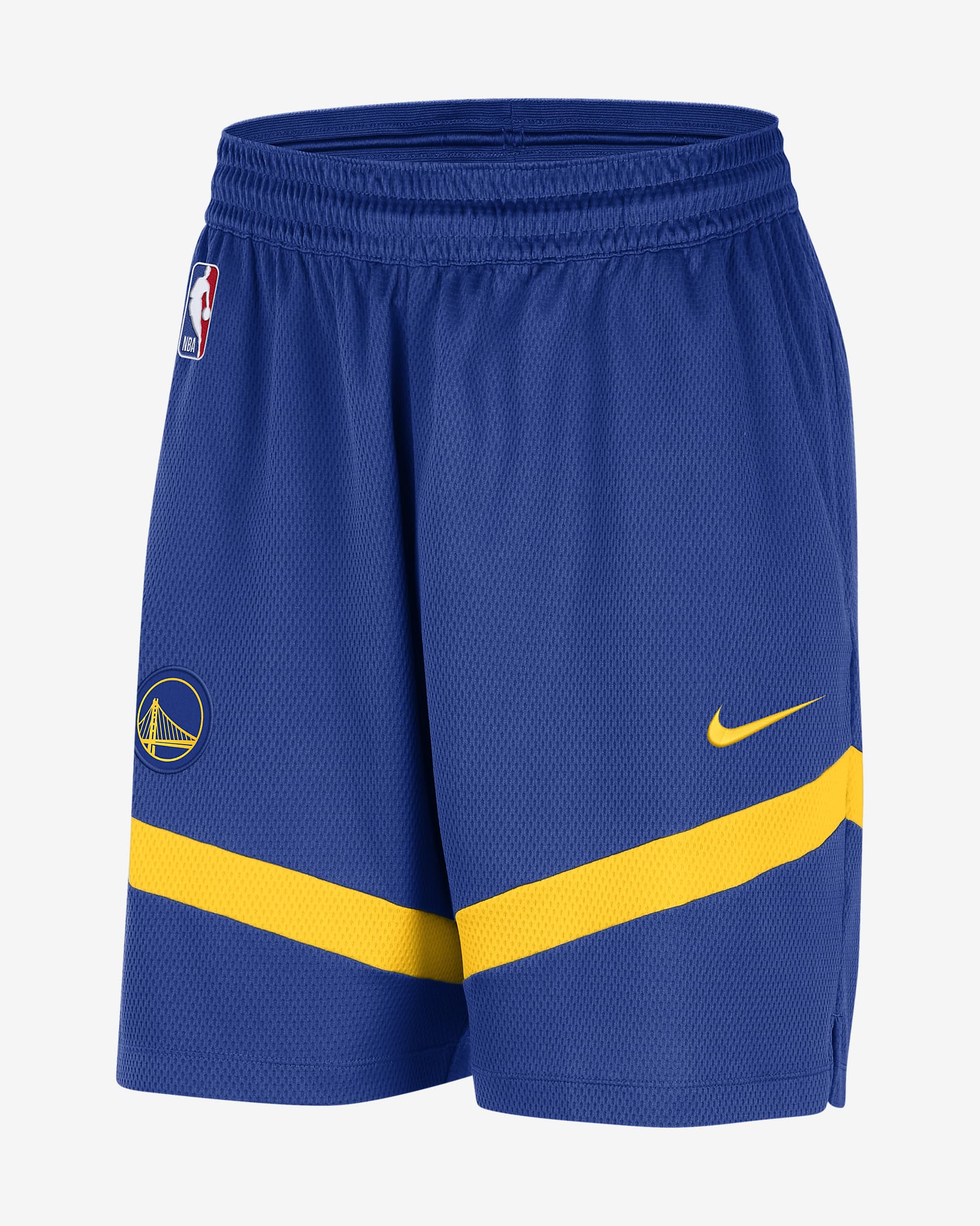 Calções NBA Nike Dri-FIT de 8 cm Golden State Warriors Icon Practice para homem - Azul Rush/Amarillo