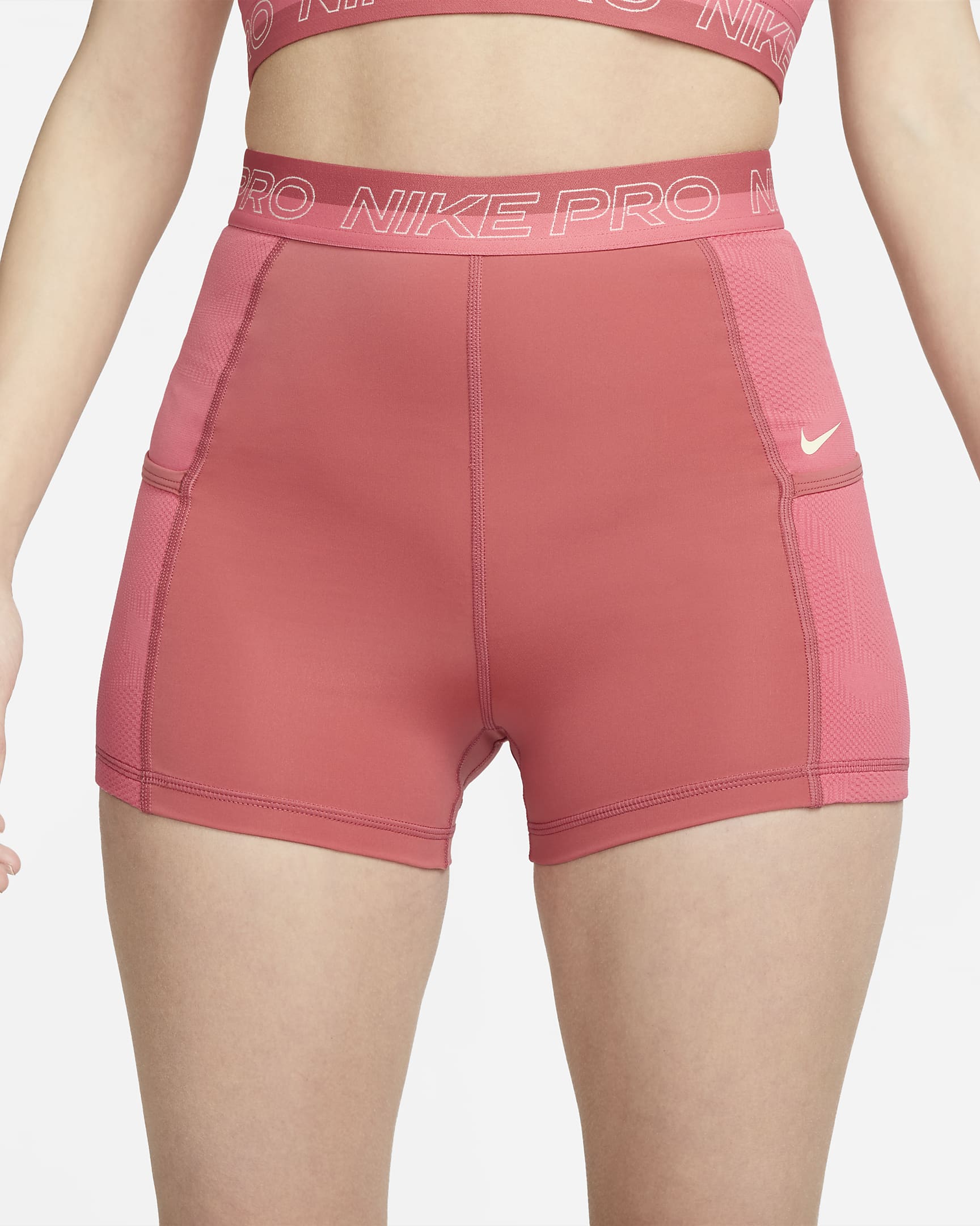 Nike Pro Women's High-Waisted 3" Training Shorts with Pockets - Adobe/Sea Coral/Coconut Milk/Coconut Milk