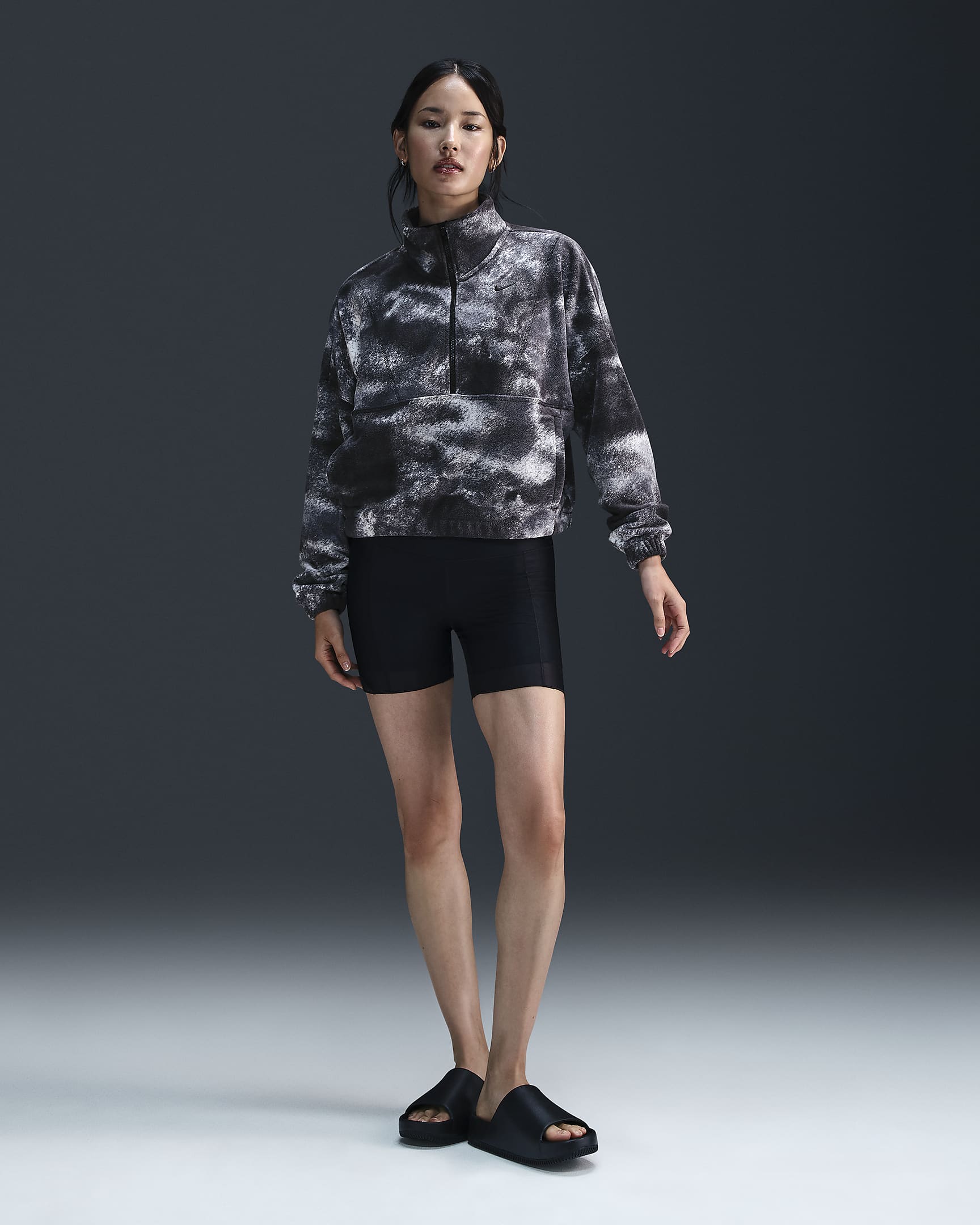 Nike One Women's Therma-FIT Oversized 1/2-Zip Fleece Printed Top - Black/Black