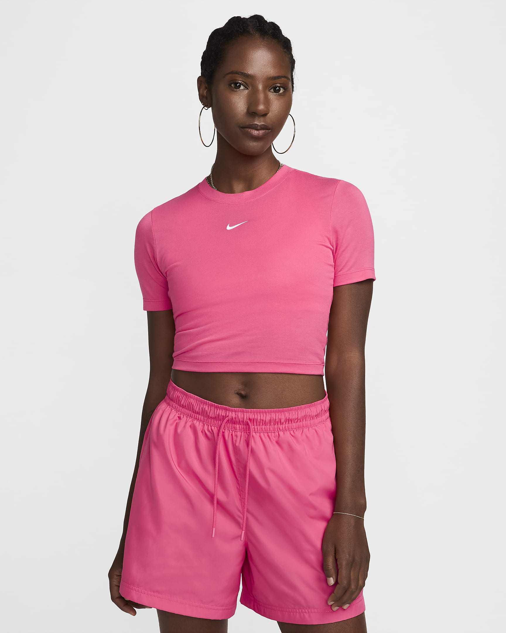 T-shirt recortada estreita Nike Sportswear Essential para mulher - Rosa Aster/Rosa Aster/Branco