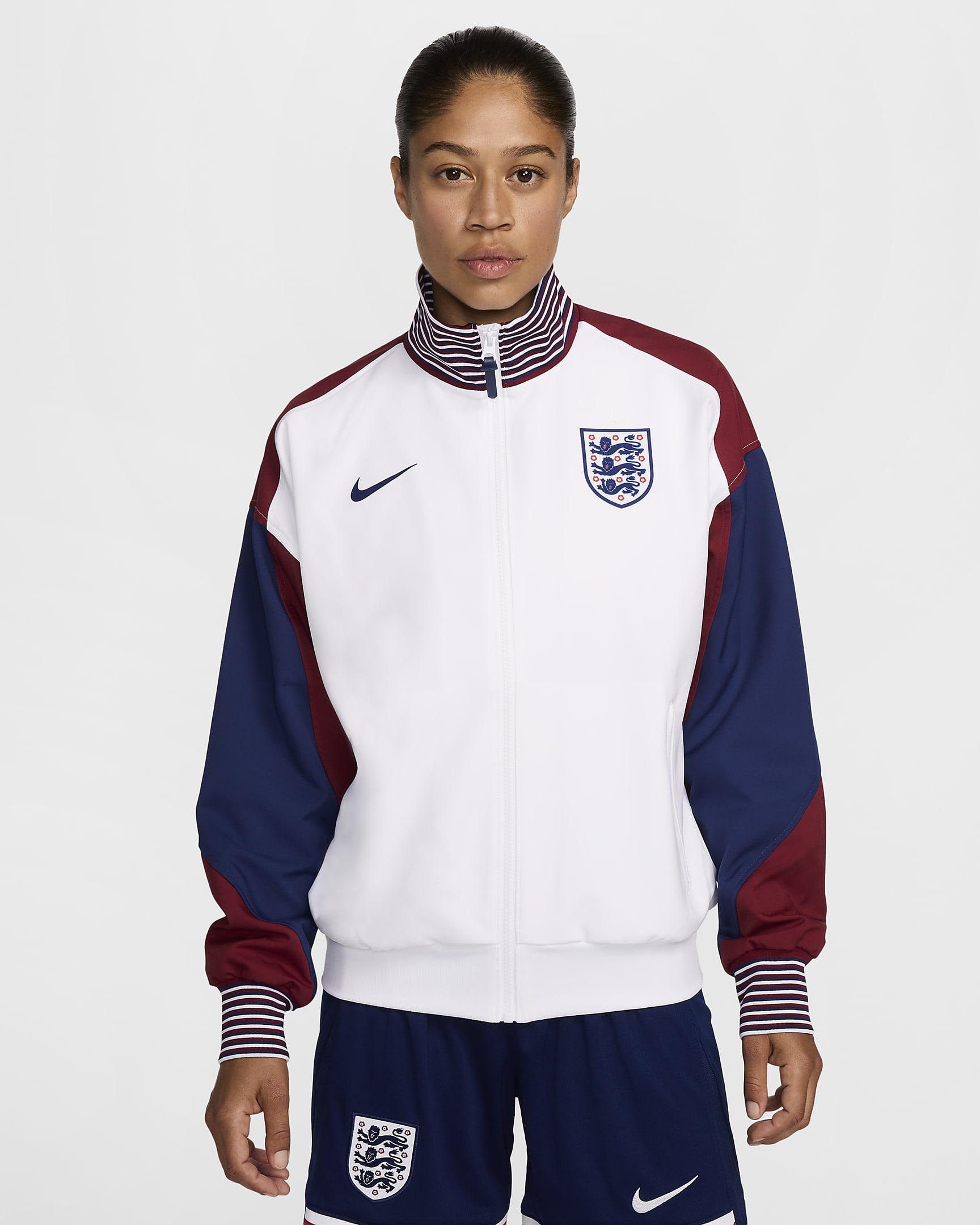 Casaco de futebol Nike Dri-FIT do equipamento principal Strike Inglaterra para mulher - Branco/Vermelho Team/Azul Void