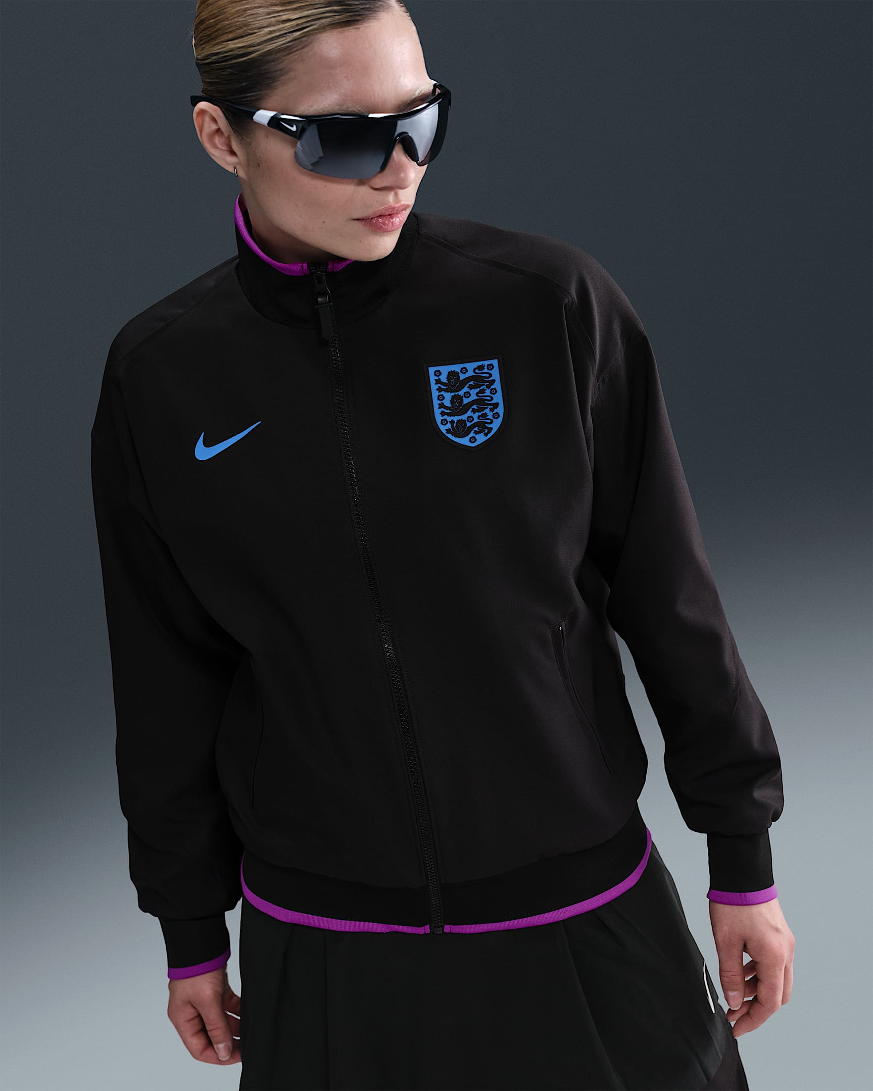 England Strike Away Women's Nike Dri-FIT Football Anthem Jacket - Black/Light Photo Blue