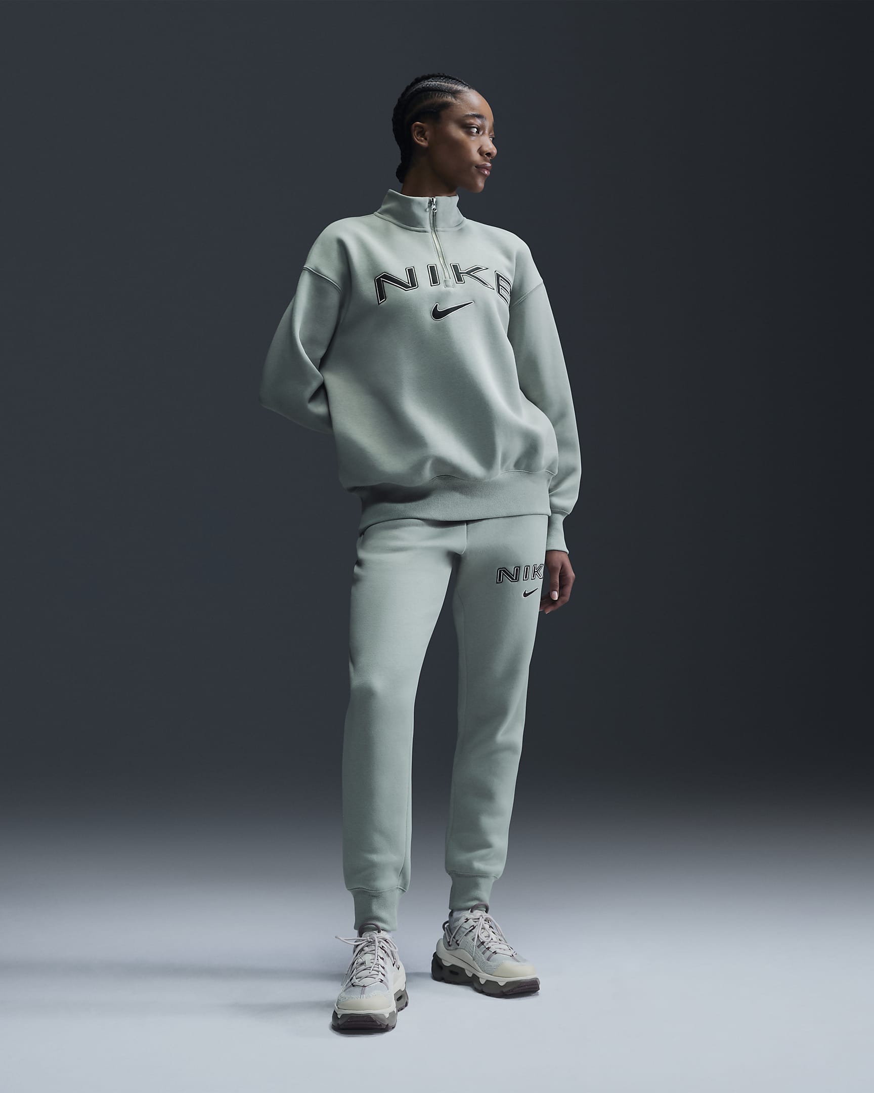 Nike Sportswear Phoenix Fleece Women's Oversized 1/4-Zip Logo Top - Jade Horizon/Light Orewood Brown/Sequoia