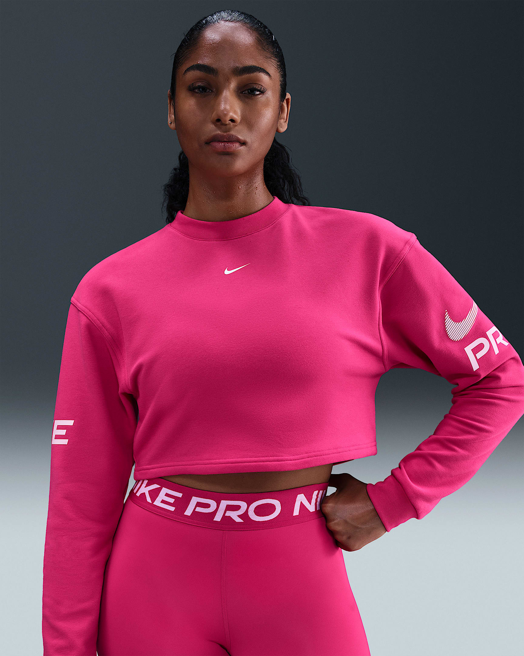 Nike Pro Women's Dri-FIT Loose Crew-Neck French Terry Sweatshirt - Rush Pink/Pink Foam/White