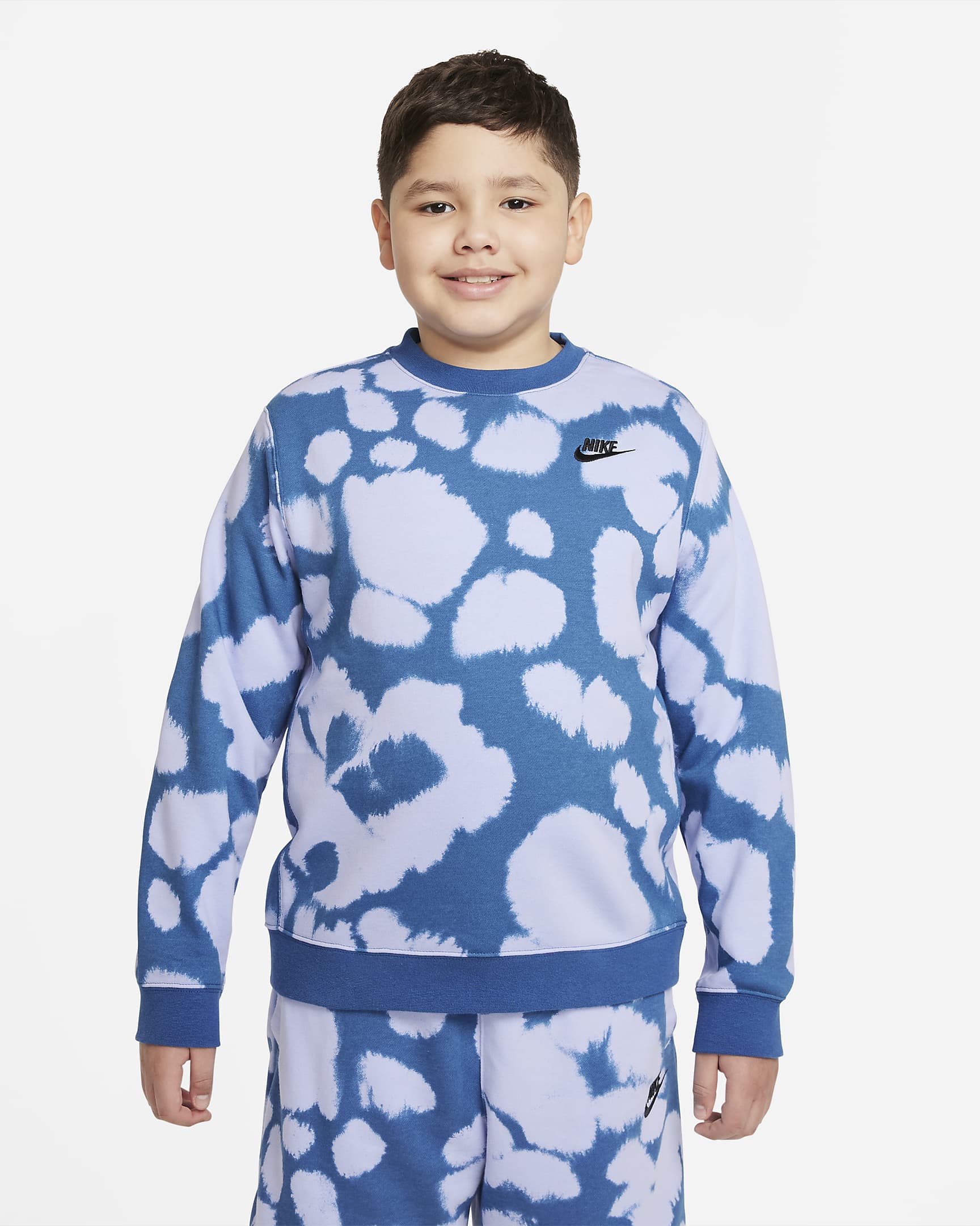 Nike Sportswear Big Kids' (Boys') Printed French Terry Sweatshirt (Extended Size) - Dark Marina Blue/Black