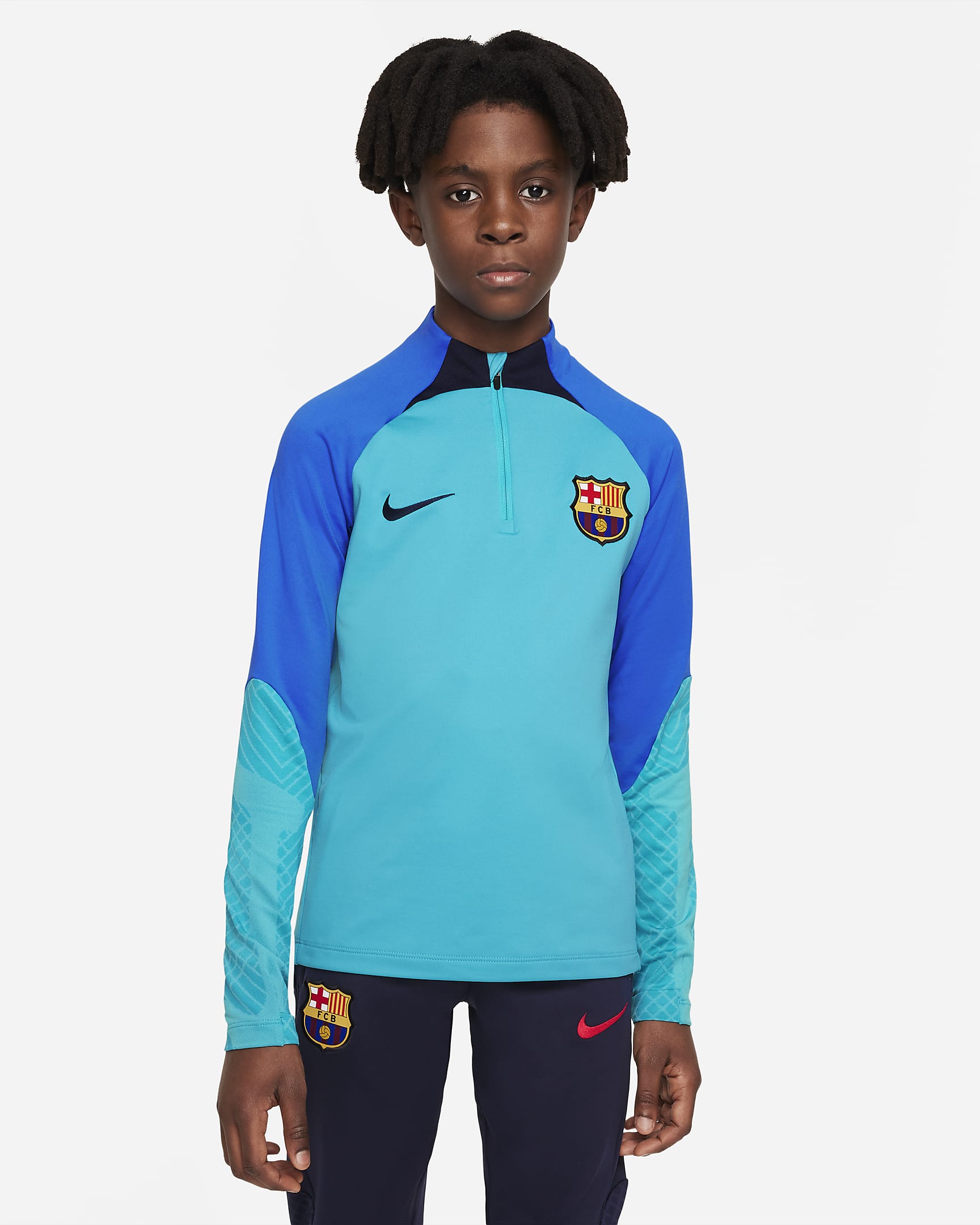 FC Barcelona Strike Big Kids' Nike Dri-FIT Soccer Drill Top - Oracle Aqua/Signal Blue/Obsidian/Obsidian