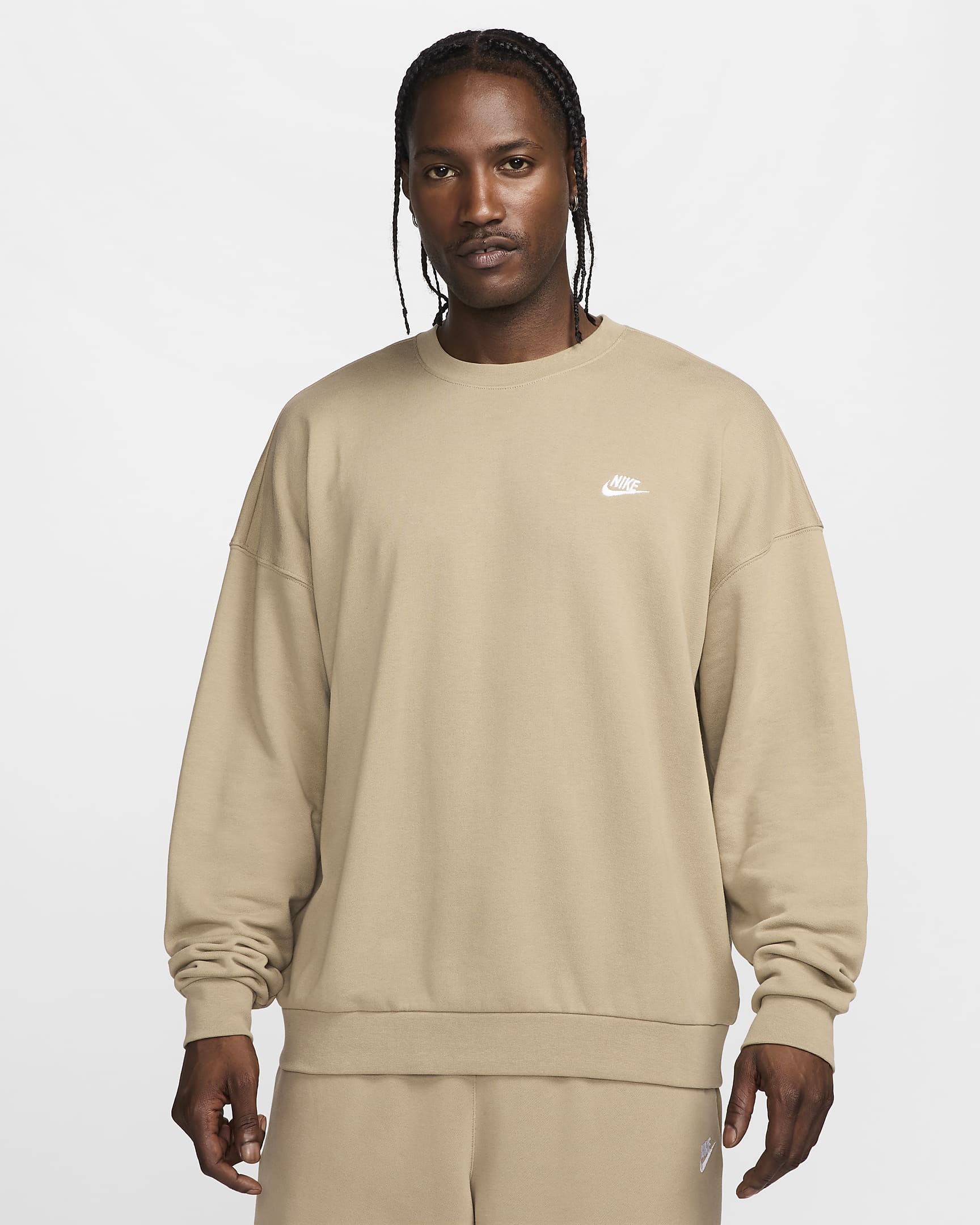 Sudadera de cuello redondo de French Terry Nike oversized para hombre Nike Club Fleece - Caqui/Caqui/Blanco