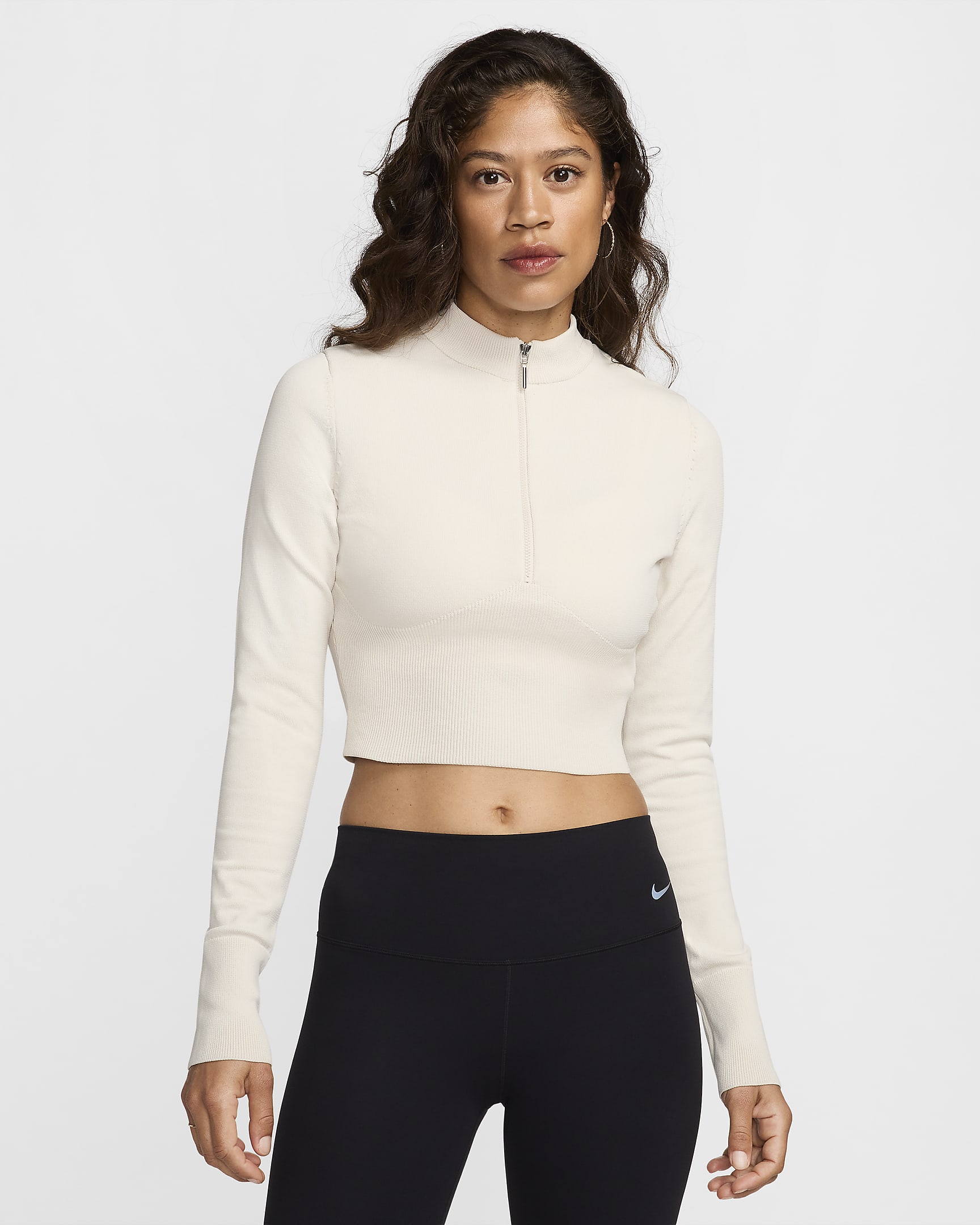 Maglia corta Slim Fit a manica lunga con zip a metà lunghezza Nike Sportswear Chill Knit – Donna - Light Orewood Brown/Sail