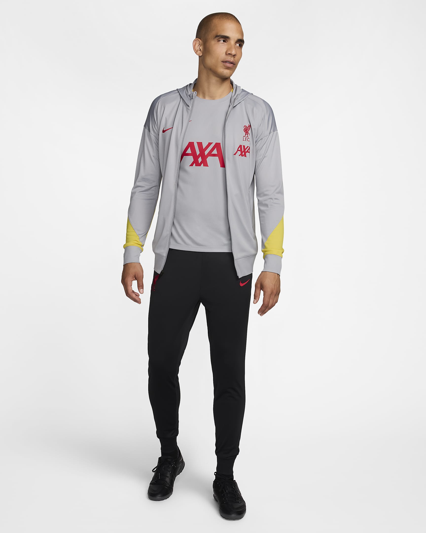 Liverpool F.C. Strike Third Men's Nike Dri-FIT Football Hooded Knit Tracksuit - Light Smoke Grey/Chrome Yellow/Dark Smoke Grey/Global Red