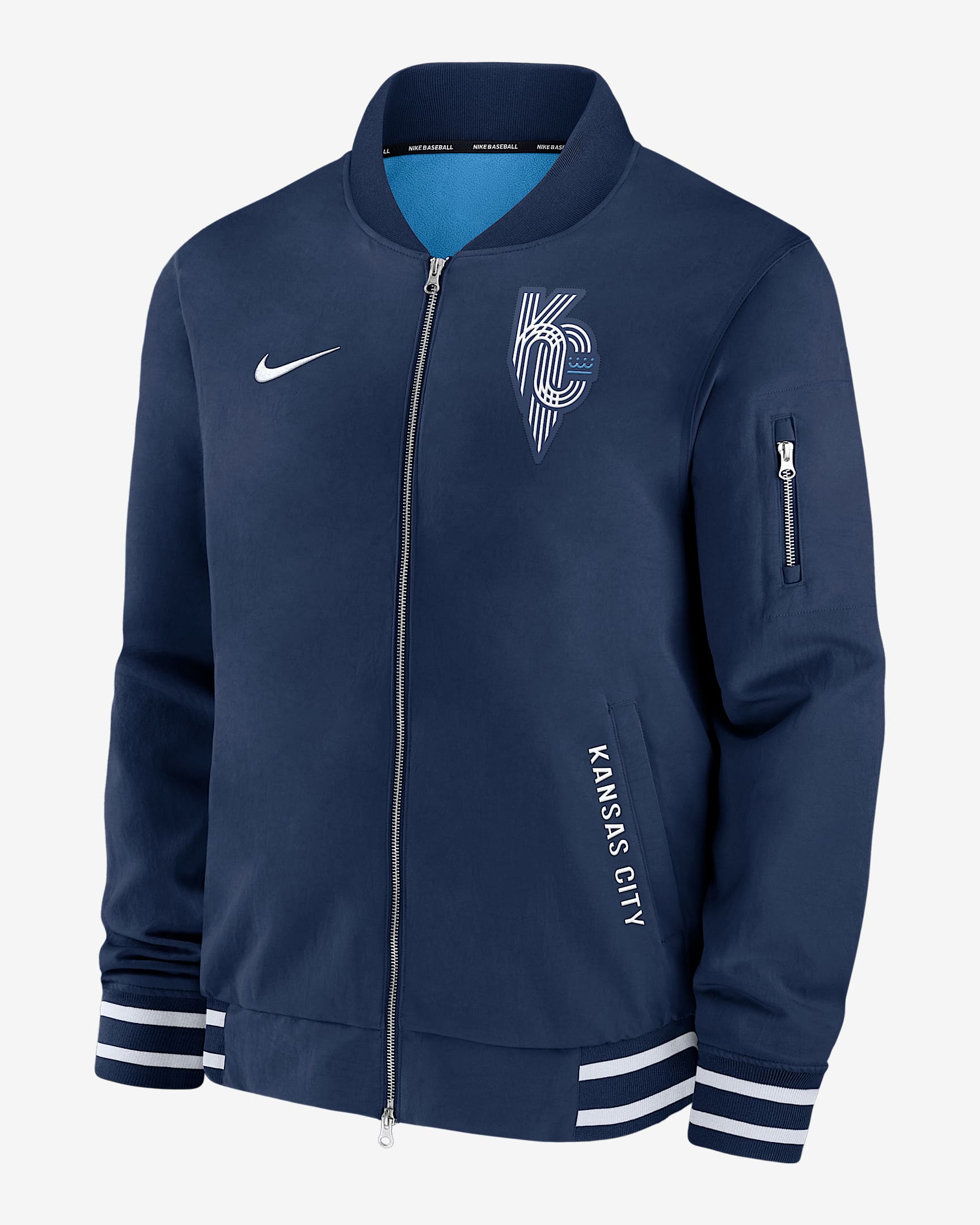 Chamarra bomber Nike de la MLB de cierre completo para hombre Kansas City Royals Authentic Collection City Connect - Azul marino